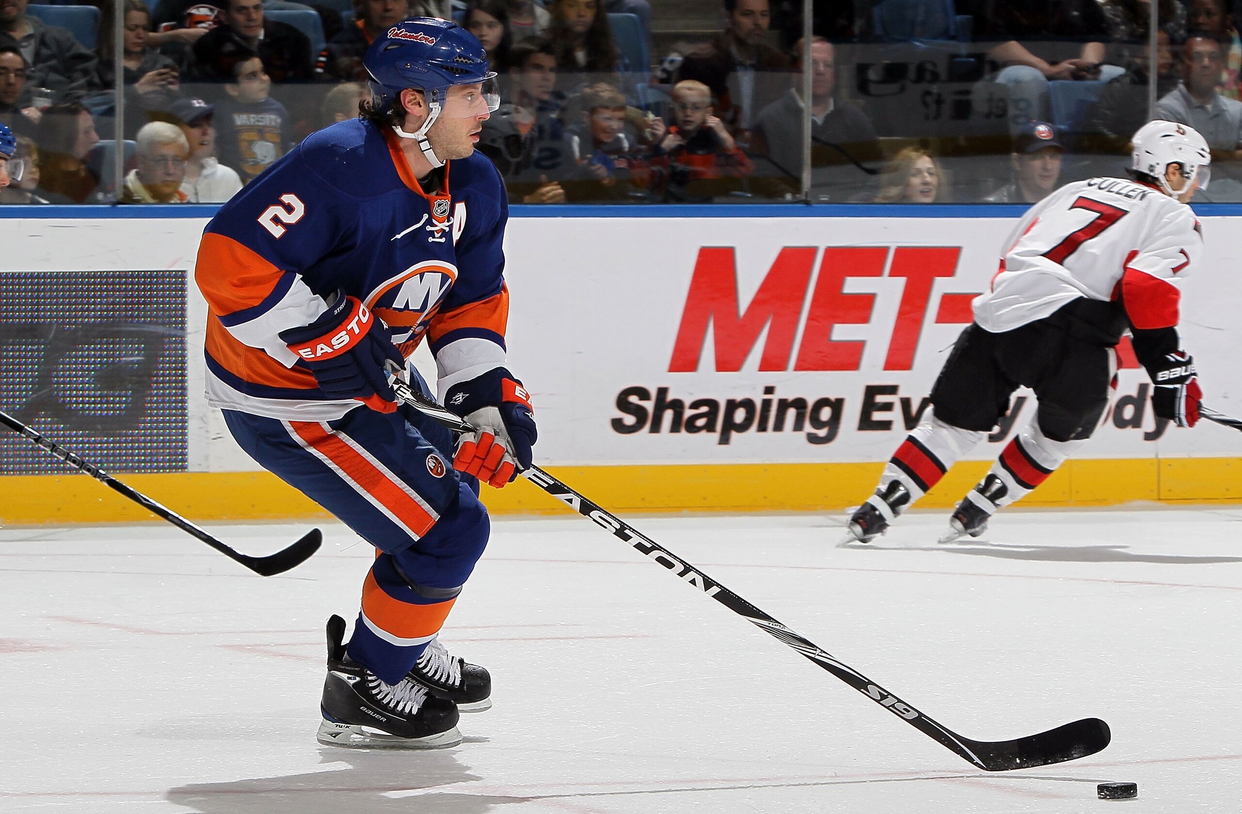 UNIONDALE, NY - APRIL 03:  Mark Streit #2 of the New York Islanders skates against the Ottawa Senators on April 3, 2010 at Nassau Coliseum in Uniondale, New York. The Isles defeated the Senators 4-1.  (Photo by Jim McIsaac/Getty Images)