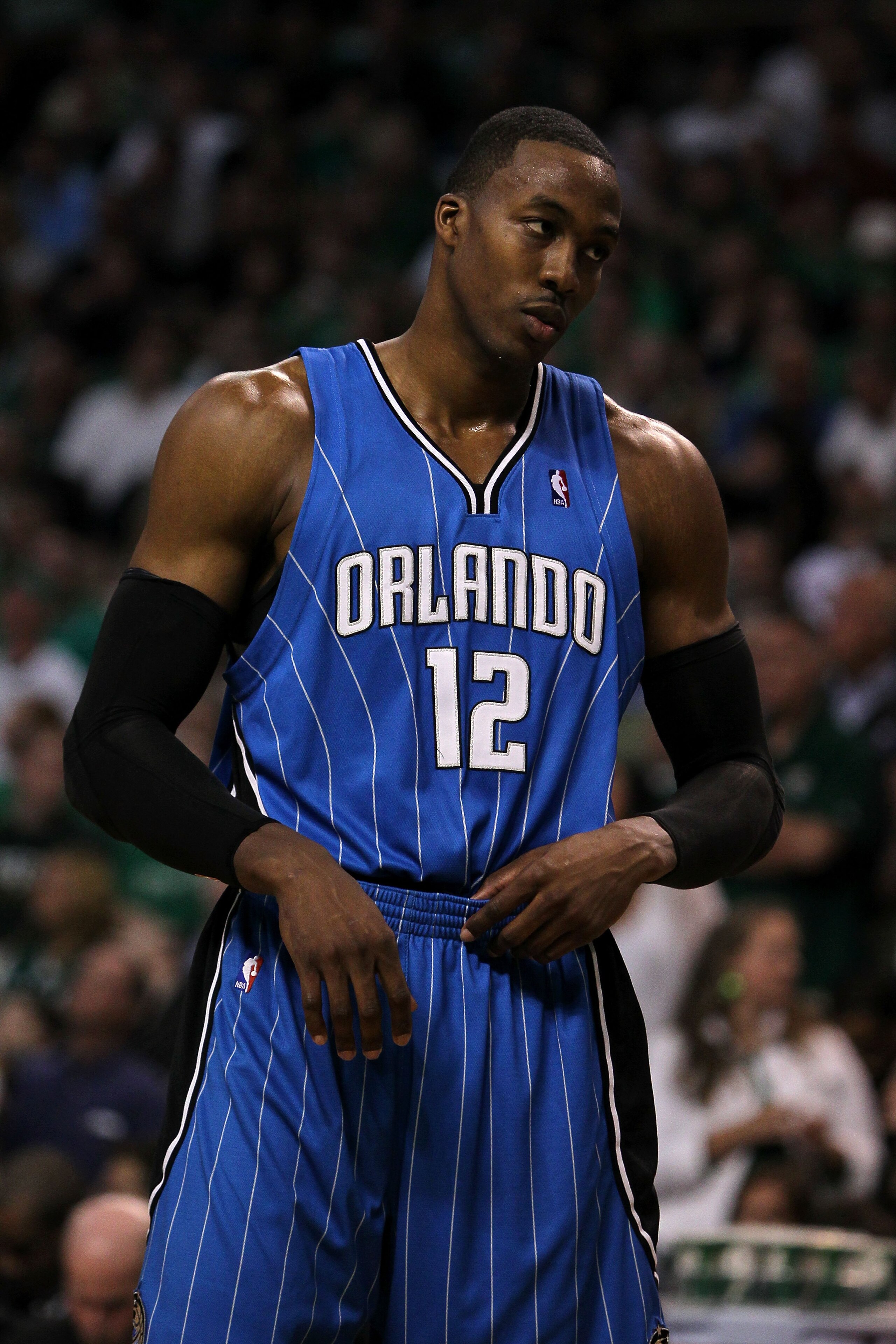 BOSTON - MAY 28: Dwight Howard of the Orlando Magic looks on against the Boston Celtics in Game Six of the Eastern Conference Finals during the 2010 NBA Playoffs at TD Garden on May 28, 2010 in Boston, Massachusetts. NOTE TO USER: User expressly acknowl BOSTON - MAY 28: Dwight Howard of the Orlando Magic looks on against the Boston Celtics in Game Six of the Eastern Conference Finals during the 2010 NBA Playoffs at TD Garden on May 28, 2010 in Boston, Massachusetts. NOTE TO USER: User expressly acknowl