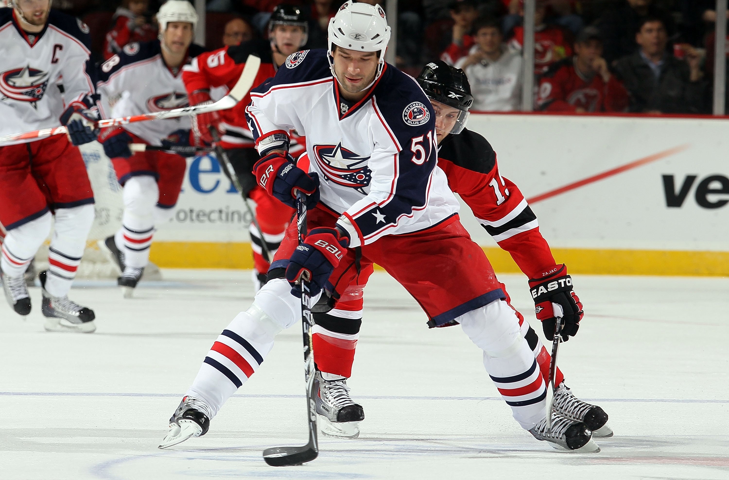 NEWARK, NJ - MARCH 23:  Fedor Tyutin #51 of the Columbus Blue Jackets skates against the New Jersey Devils at the Prudential Center on March 23, 2010 in Newark, New Jersey. The Devils defeated the Blue Jackets 6-3.  (Photo by Jim McIsaac/Getty Images)