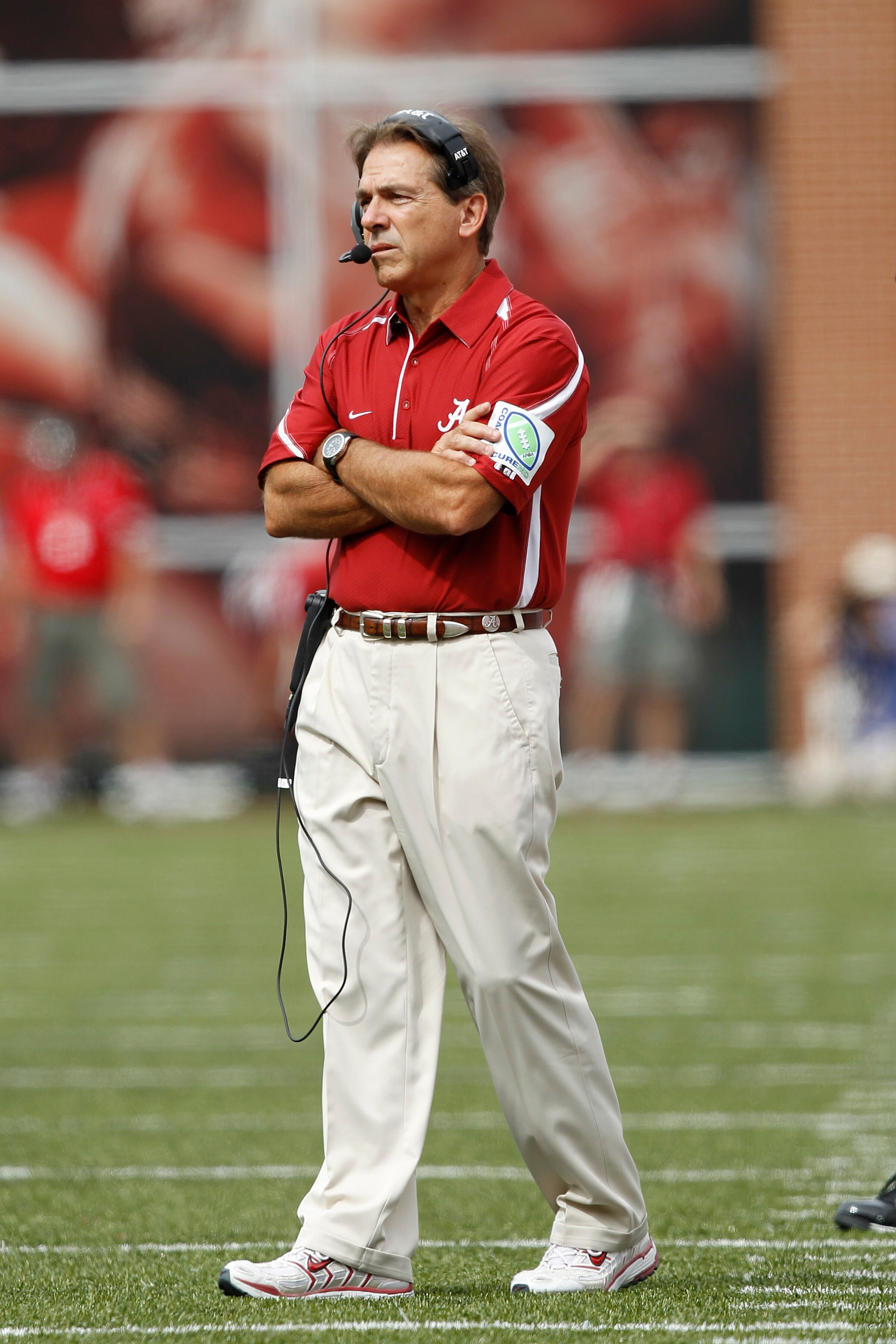 FAYETTEVILLE - SEPTEMBER 25: Head coach Nick Saban of the Alabama Crimson Tide looks on against the Arkansas Razorbacks at Donald W. Reynolds Razorback Stadium on September 25, 2010 in Fayetteville, Arkansas. Alabama won 24-20. (Photo by Joe Robbins/Getty