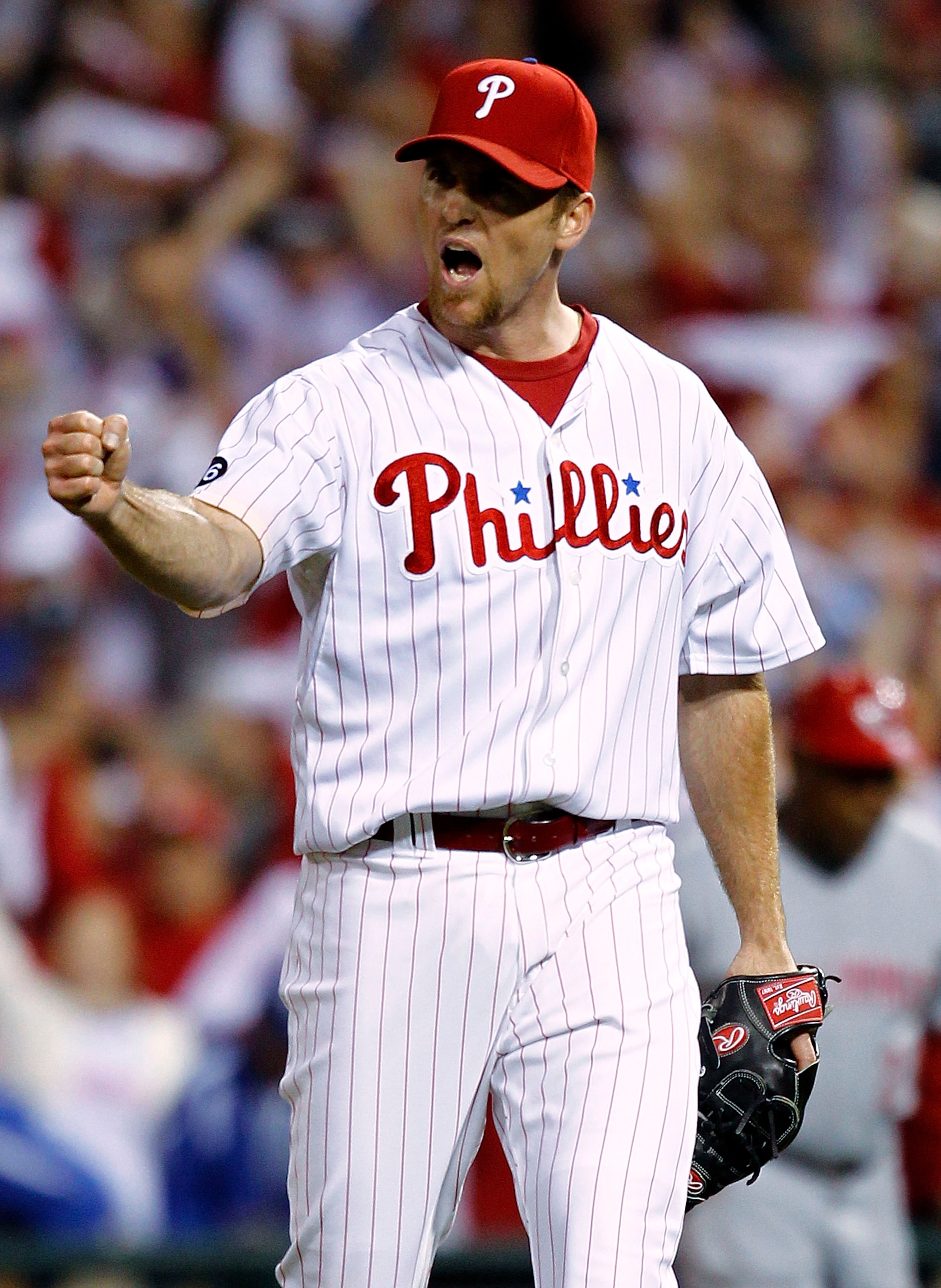 PHILADELPHIA - OCTOBER 08:  Brad Lidge #54 of the Philadelphia Phillies celebrates win over the Cincinnati Reds in Game 2 of the NLDS at Citizens Bank Park on October 8, 2010 in Philadelphia, Pennsylvania.  (Photo by Jeff Zelevansky/Getty Images)