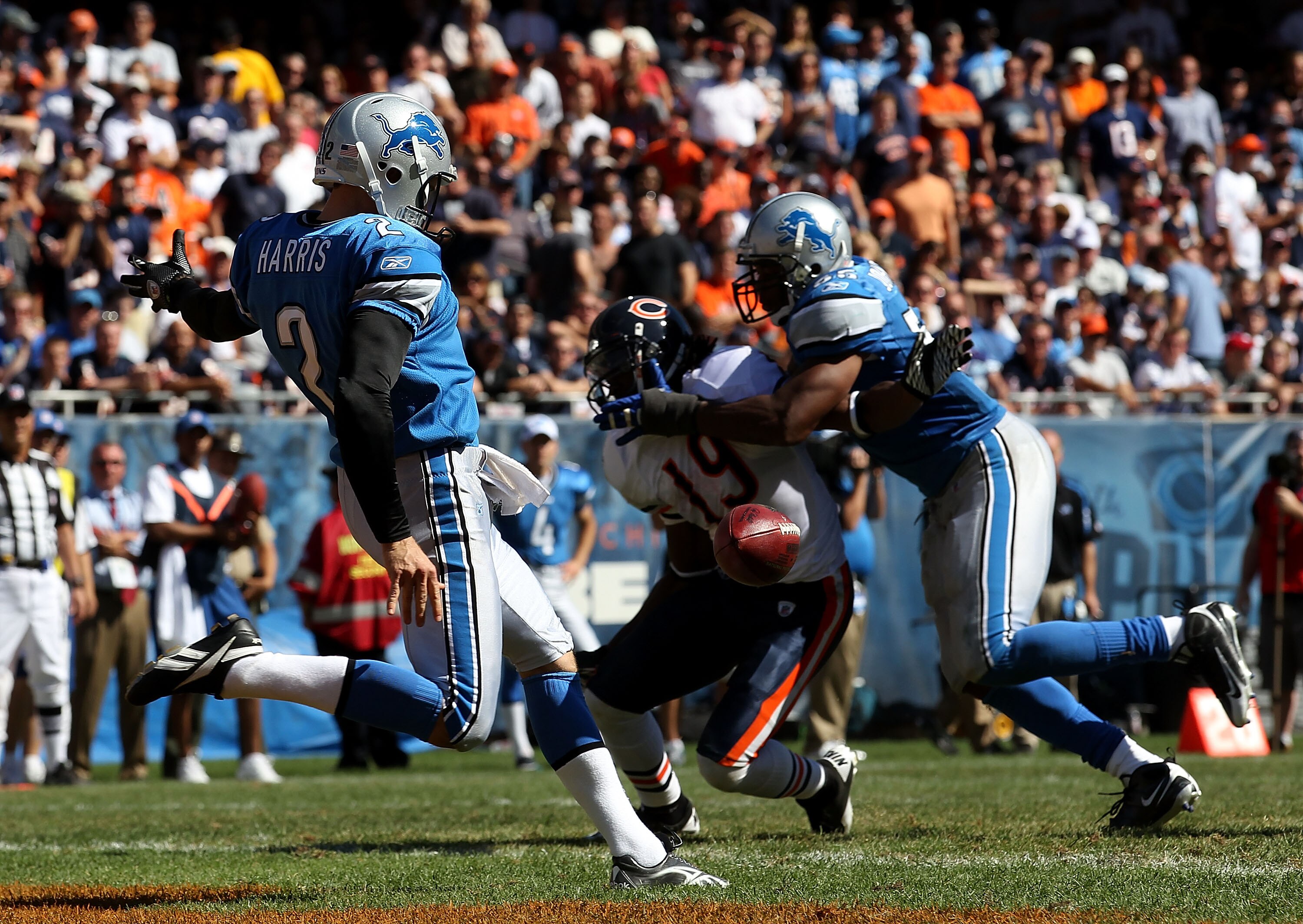 CHICAGO - SEPTEMBER 12: Nick Harris #2 of the Detroit Lions punts the ball from the end zone against the Chicago Bears during the NFL season opening game at Soldier Field on September 12, 2010 in Chicago, Illinois. The Bears defeated the Lions 19-14. (Pho