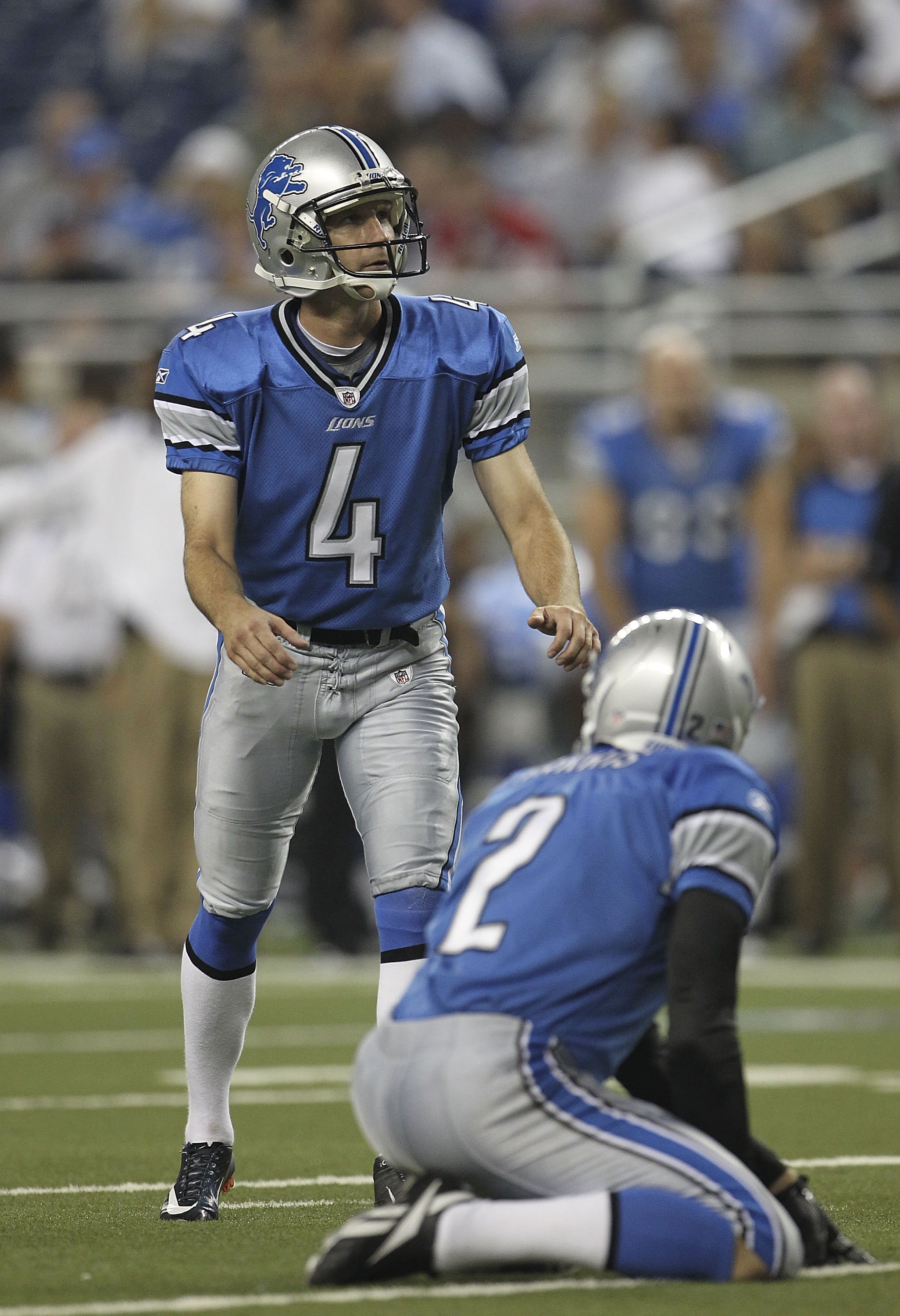 DETROIT - SEPTEMBER 02: Jason Hanson #4 of the Detroit Lions gets ready to kick the extra point during the fourth quarter of the preseason game against the Buffalo Bills at Ford Field on September 2, 2010 in Detroit, Michigan. The Lions defeated the Bills