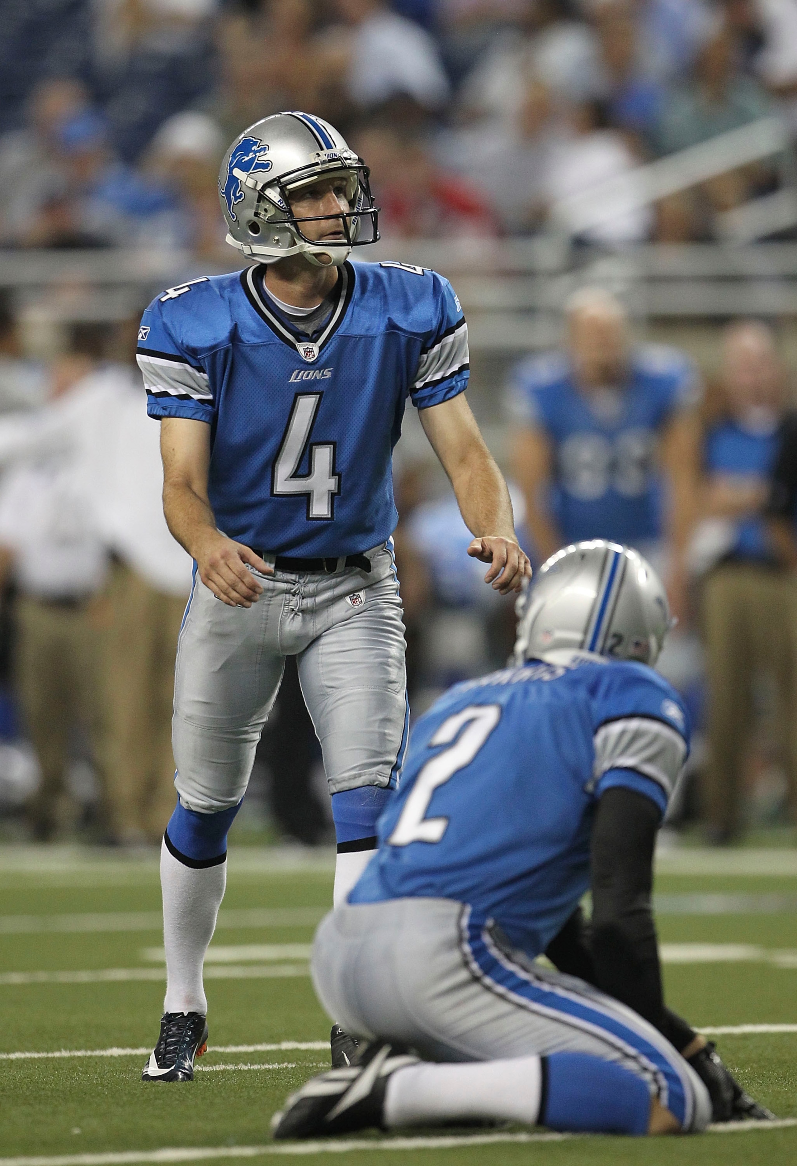 DETROIT - SEPTEMBER 02: Jason Hanson #4 of the Detroit Lions gets ready to kick the extra point during the fourth quarter of the preseason game against the Buffalo Bills at Ford Field on September 2, 2010 in Detroit, Michigan. The Lions defeated the Bills