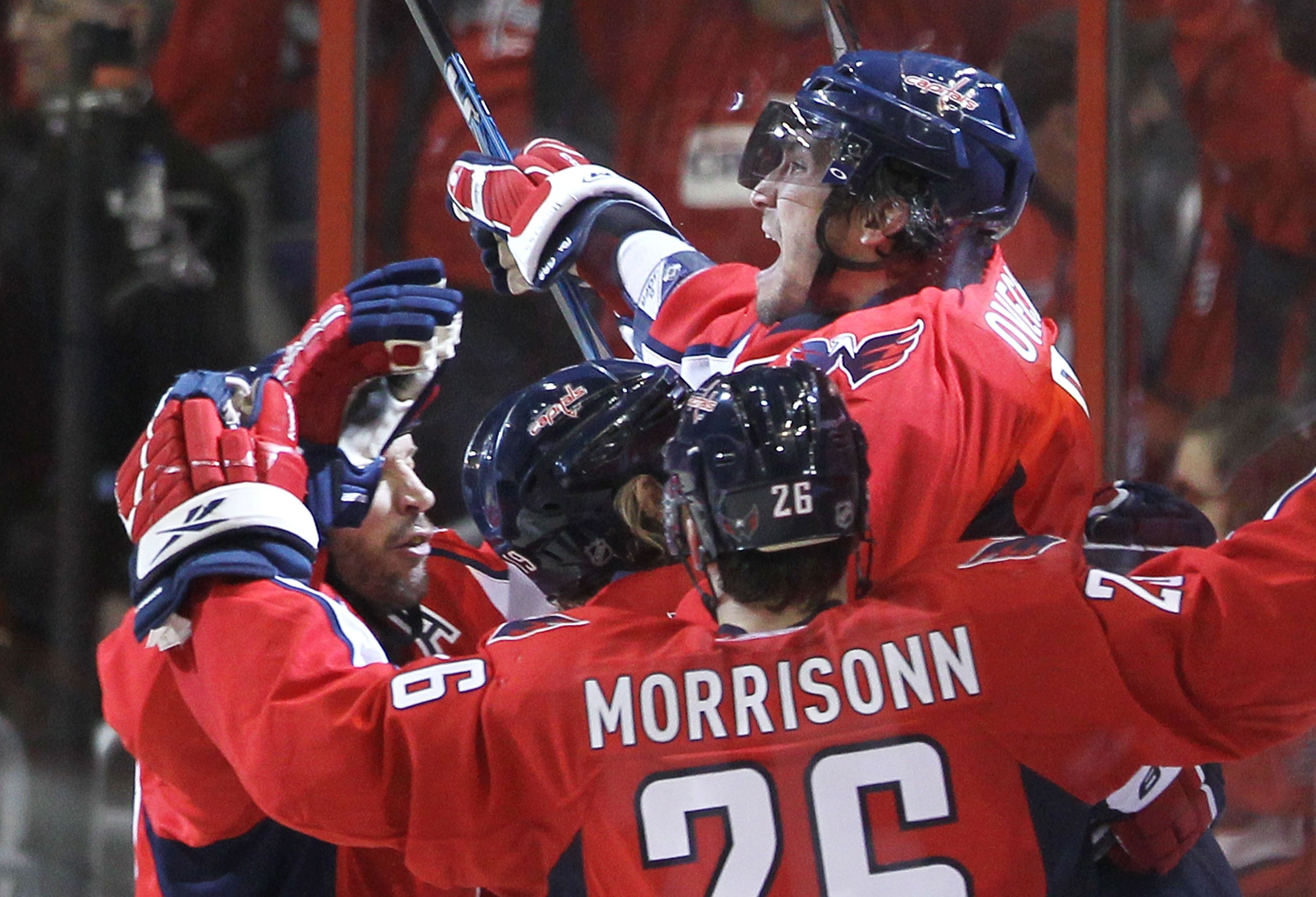 WASHINGTON - APRIL 28: Alex Ovechkin #8 of the Washington Capitals celebrates a goal that was later disallowed against the Montreal Canadiens in Game Seven of the Eastern Conference Quarterfinals during the 2010 NHL Stanley Cup Playoffs at the Verizon Cen