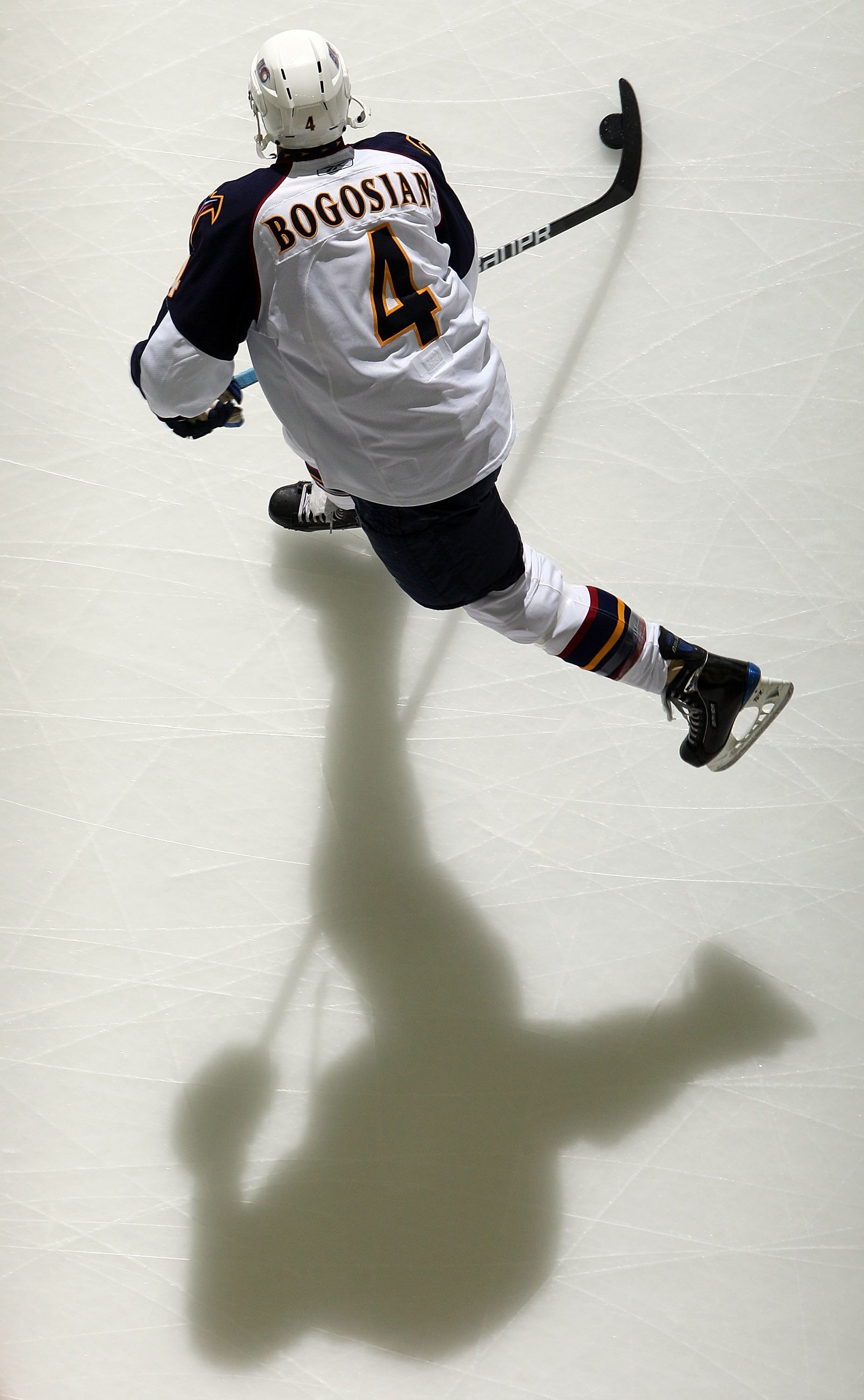 NEWARK, NJ - DECEMBER 28:  Zach Bogosian #4 of the Atlanta Thrashers warms up before playing against the New Jersey Devils at the Prudential Center on December 28, 2009 in Newark, New Jersey.  (Photo by Jim McIsaac/Getty Images)