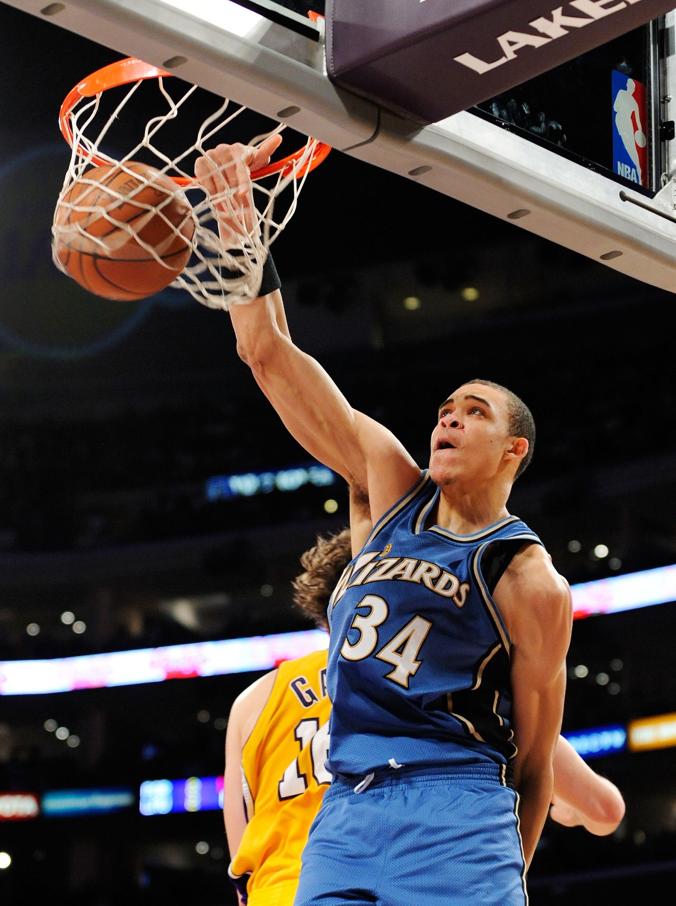 LOS ANGELES, CA - JANUARY 22:  JaVale McGee #34 of the Washington Wizards slams the ball against Pau Gasol of the Los Angeles Lakers during the second quarter at the Staples Center January 22, 2009 in Los Angeles, California. NOTE TO USER: User expressly 