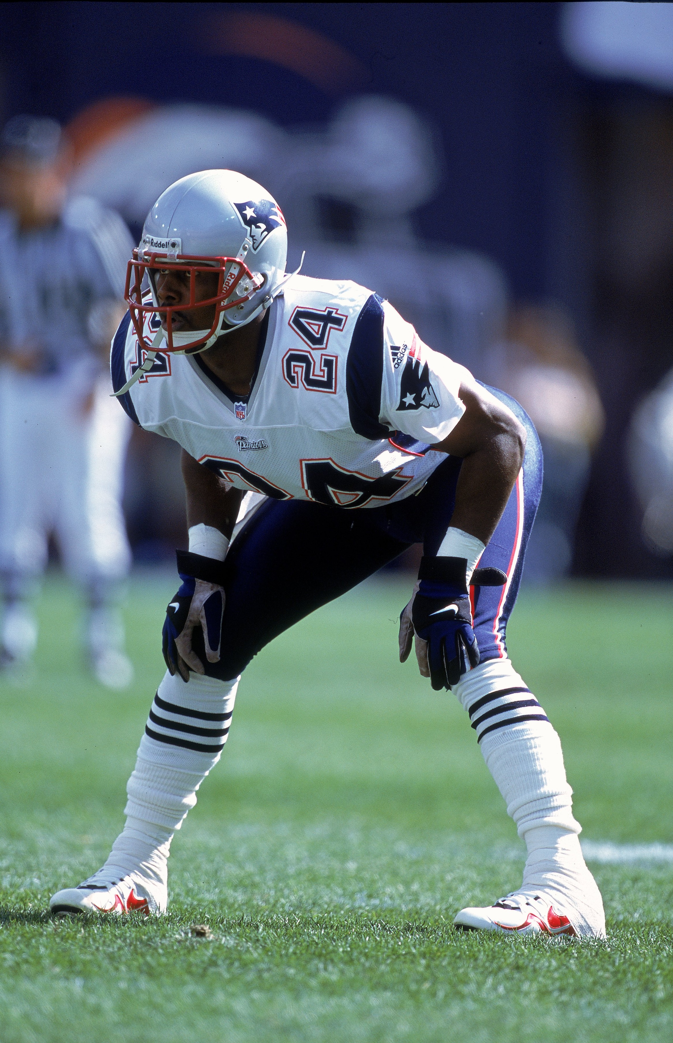 1 Oct 2000: Ty Law #24 of the New England Patriots gets ready to move at the snap during the game against the Denver Broncos at the Mile High Stadium in Denver, Colorado. The Patriots defeated the Broncos 28-19.Mandatory Credit: Brian Bahr  /Allsport