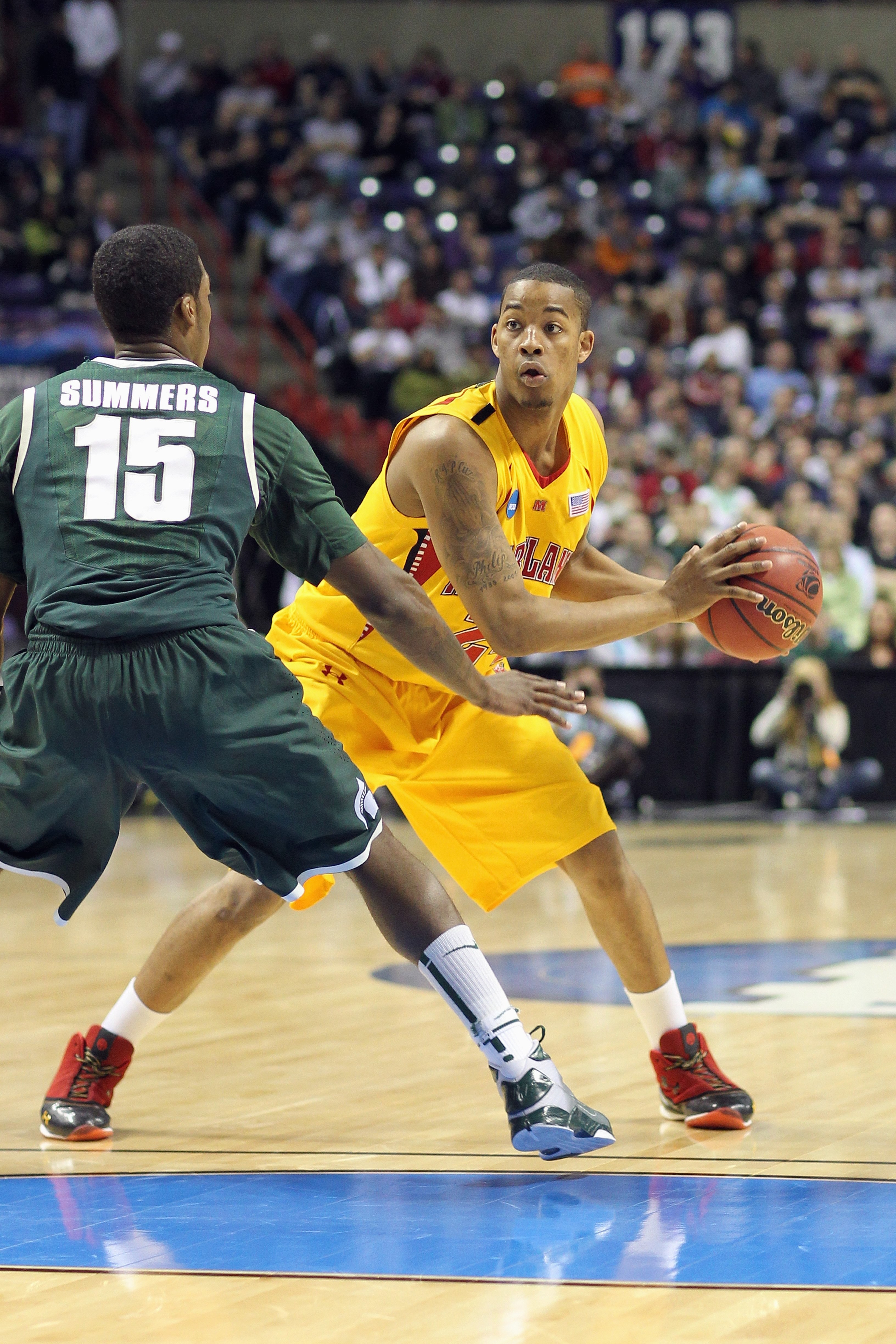 SPOKANE, WA - MARCH 21:  Cliff Tucker #24 of the Maryland Terrapins looks to move the ball against the Michigan State Spartans during the second round of the 2010 NCAA men's basketball tournament at the Spokane Arena on March 21, 2010 in Spokane, Washingt