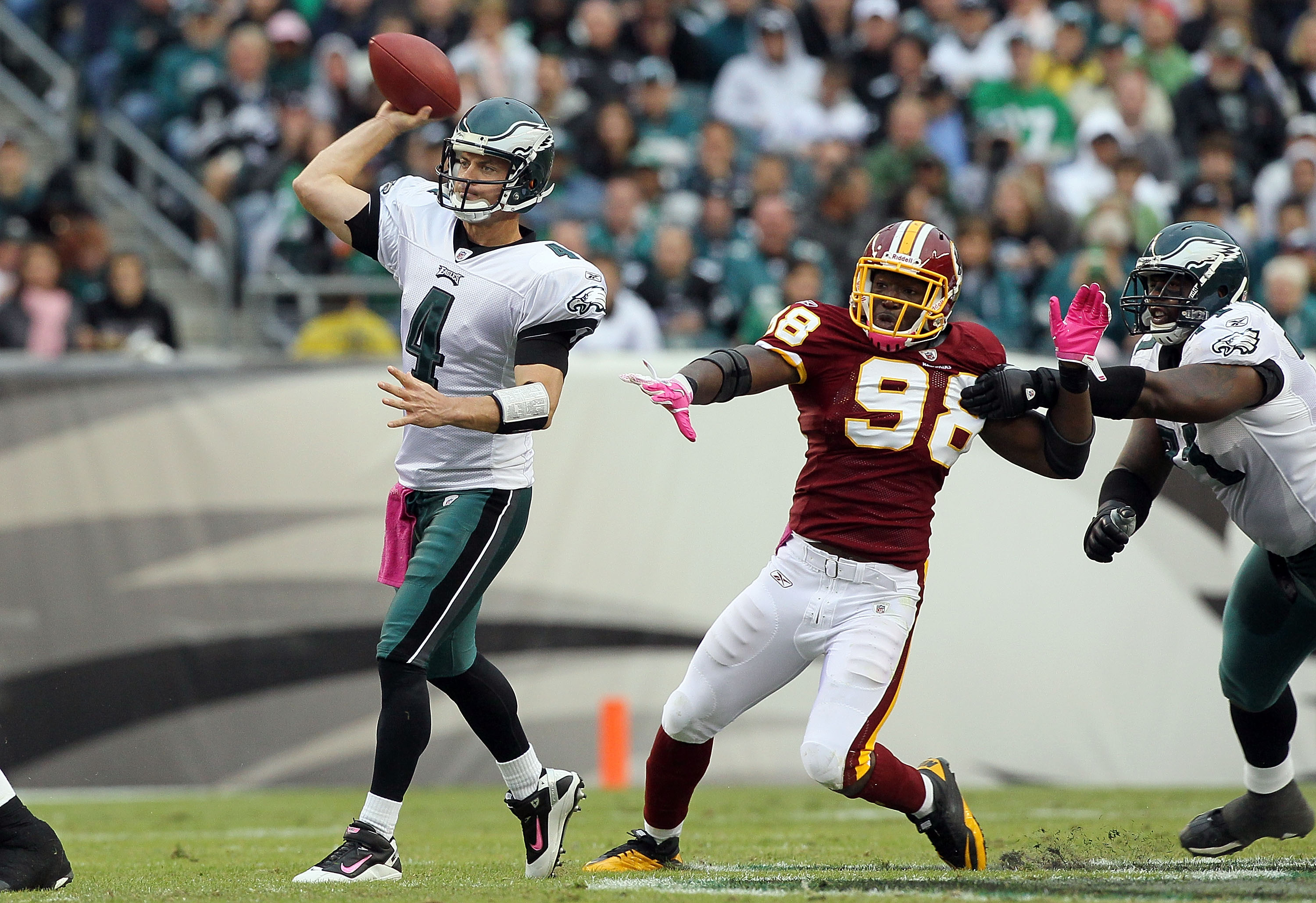 PHILADELPHIA - OCTOBER 03: Kevin Kolb #4 of the Philadelphia Eagles throws a pass against the Washington Redskins on October 3, 2010 at Lincoln Financial Field in Philadelphia, Pennsylvania. (Photo by Jim McIsaac/Getty Images) PHILADELPHIA - OCTOBER 03: Kevin Kolb #4 of the Philadelphia Eagles throws a pass against the Washington Redskins on October 3, 2010 at Lincoln Financial Field in Philadelphia, Pennsylvania. (Photo by Jim McIsaac/Getty Images)