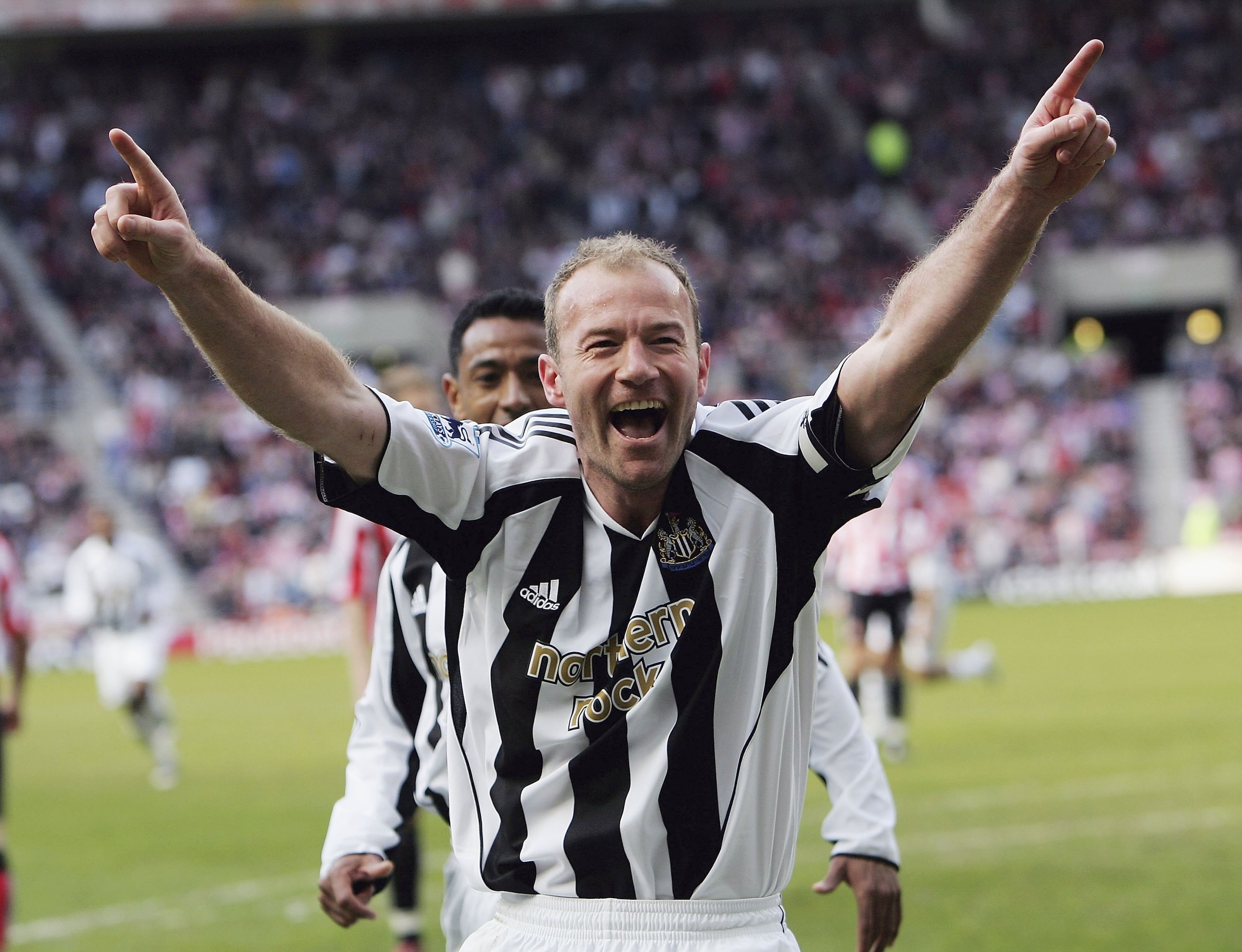 SUNDERLAND, UNITED KINGDOM - APRIL 17:  Newcastle captain Alan Shearer celebrates after scoring the second goal  during the Barclays Premiership match between Sunderland and Newcastle United at The Stadium of Light on April 17 2006 in Sunderland, England