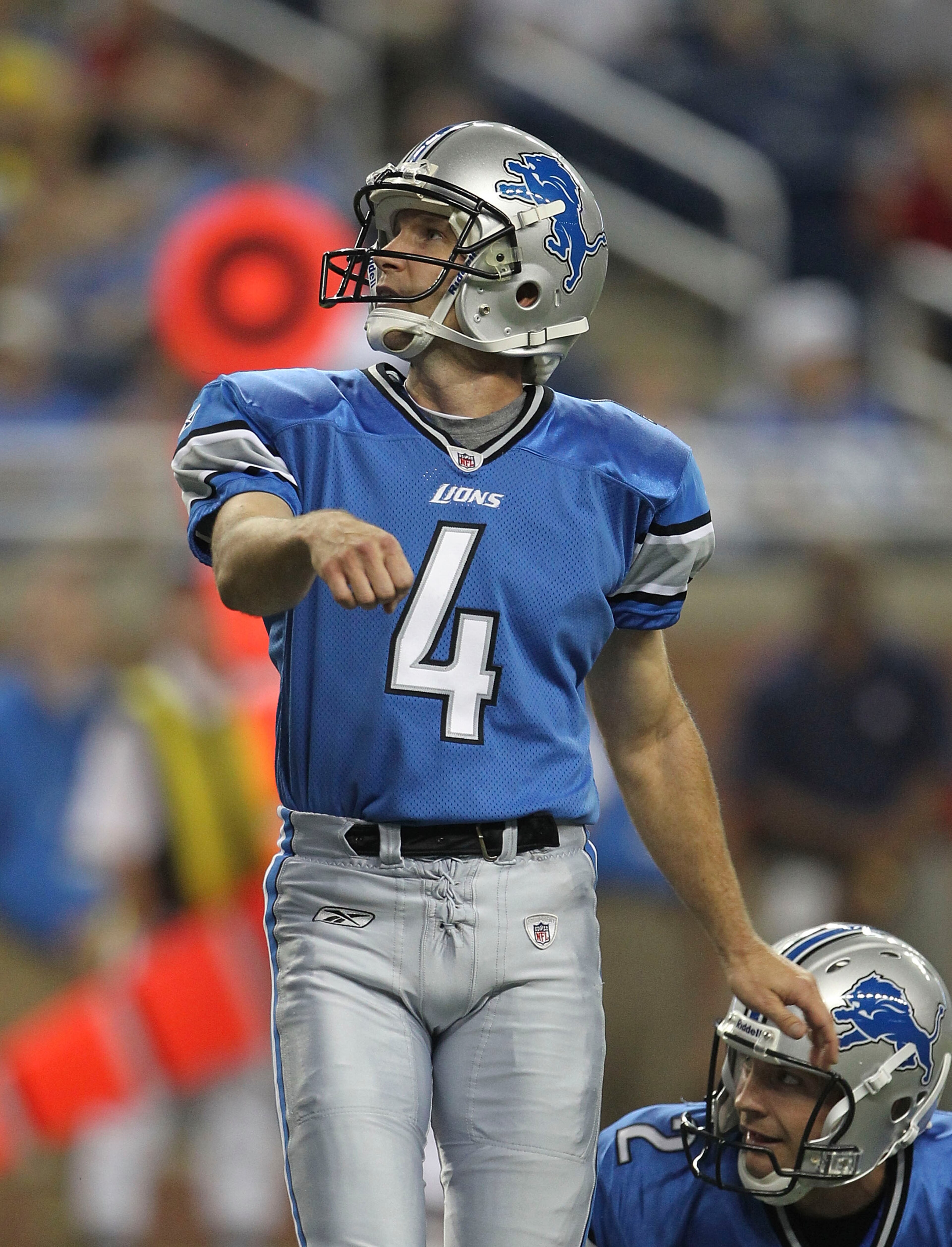 DETROIT - SEPTEMBER 02:  Jason Hanson #4 of the Detroit Lions kick the extra point during the preseason game against the Buffalo Bills at Ford Field on September 2, 2010 in Detroit, Michigan. The Lions defeated the Bills 28-23.  (Photo by Leon Halip/Getty