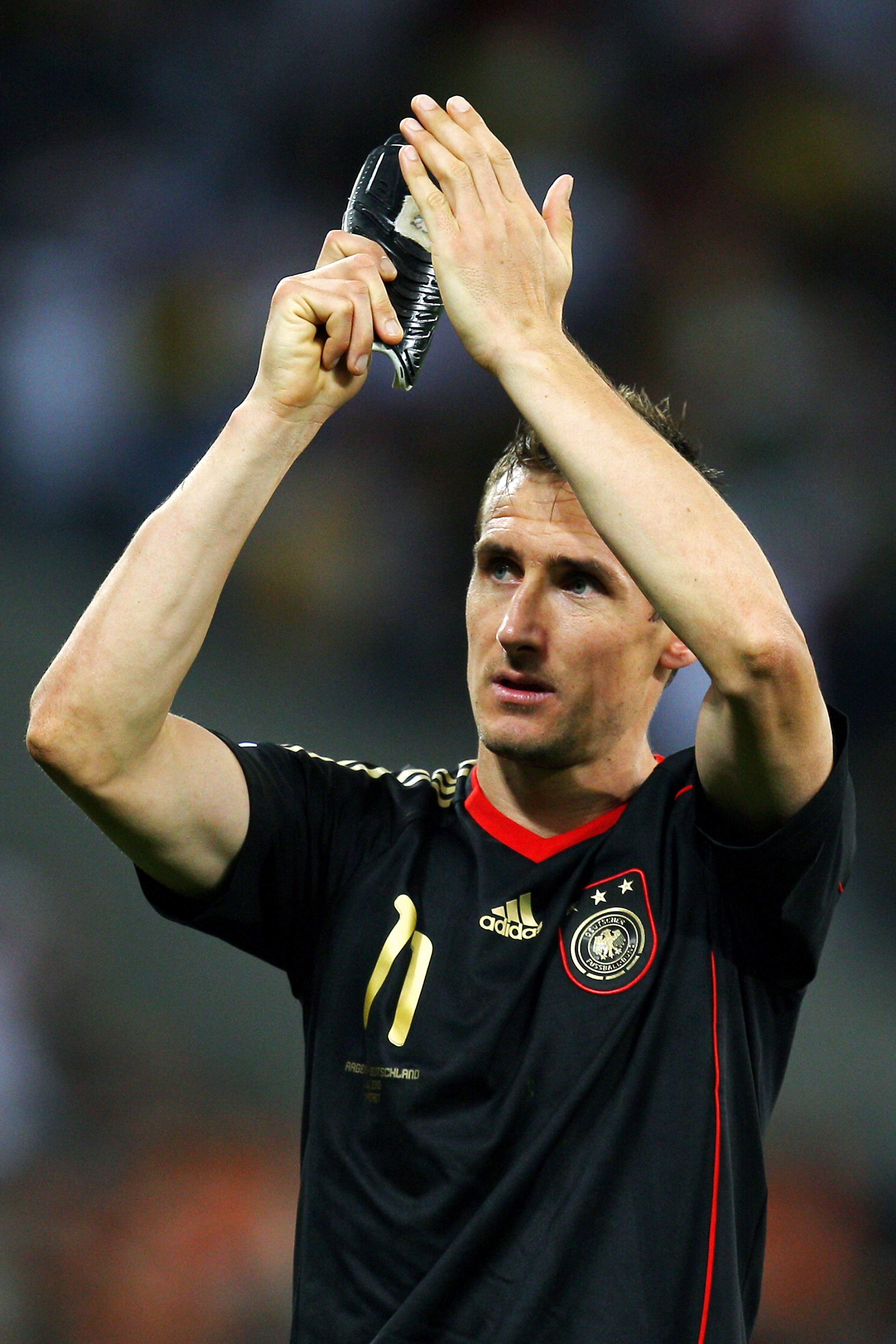 CAPE TOWN, SOUTH AFRICA - JULY 03:  Miroslav Klose of Germany celebrates victory during the 2010 FIFA World Cup South Africa Quarter Final match between Argentina and Germany at Green Point Stadium on July 3, 2010 in Cape Town, South Africa.  (Photo by Ca