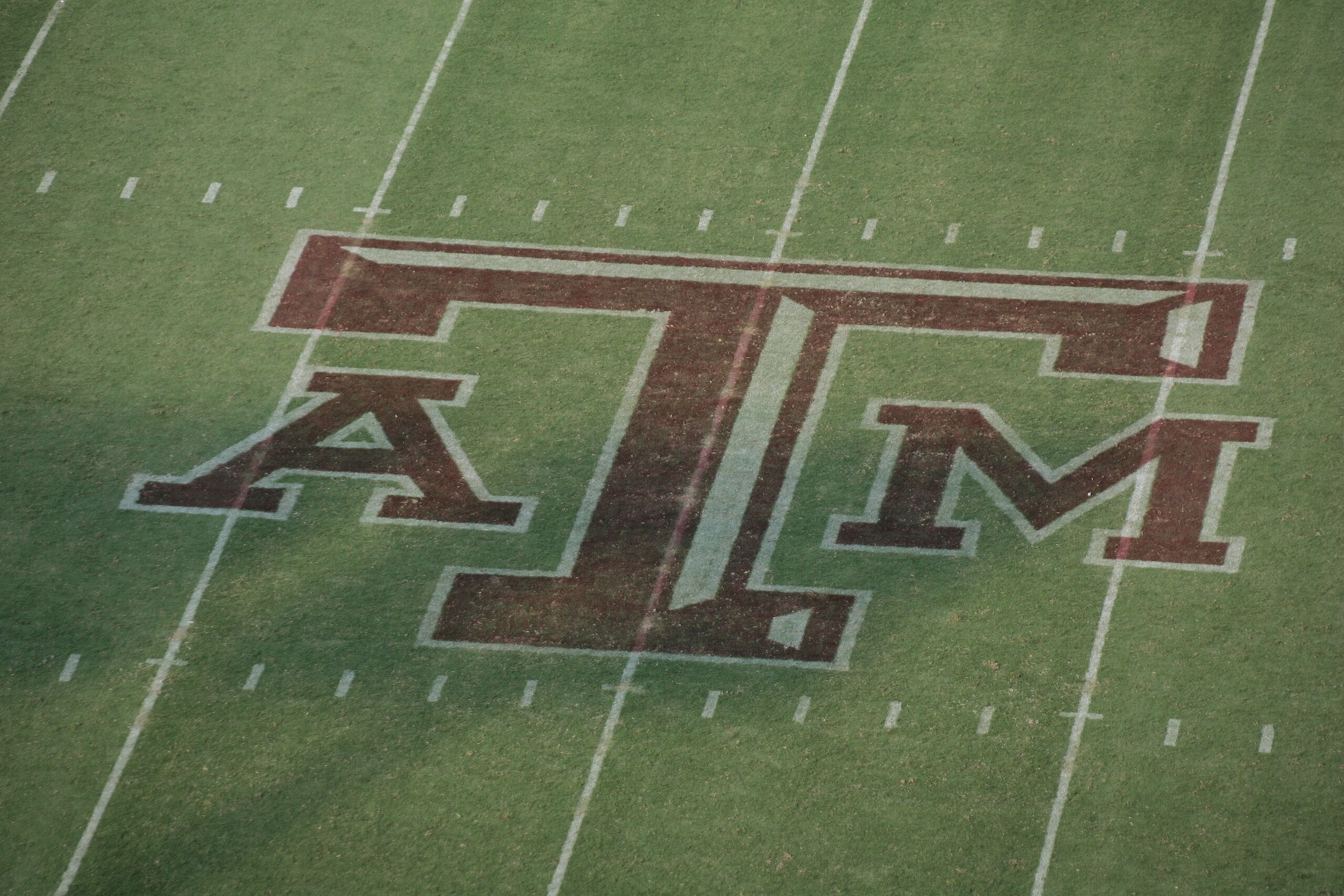 COLLEGE STATION, TX - SEPTEMBER 11:  A general view of the Texas A&M Aggies logo at midfield during the game against the Wyoming Cowboys on September 11, 2004 at Kyle Field in College Station, Texas. The Aggies won 31-0. (Photo by Ronald Martinez/Getty Im