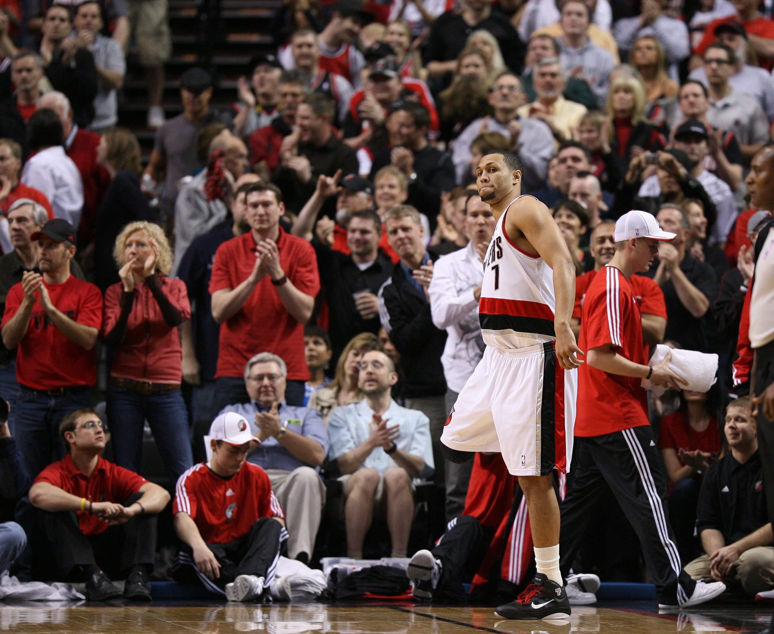 PORTLAND, OR - APRIL 24:  Brandon Roy #7 of the Portland Trail Blazers comes into the game against the Phoenix Suns during Game Four of the Western Conference Quarterfinals of the NBA Playoffs on April 24, 2010 at the Rose Garden in Portland, Oregon. The