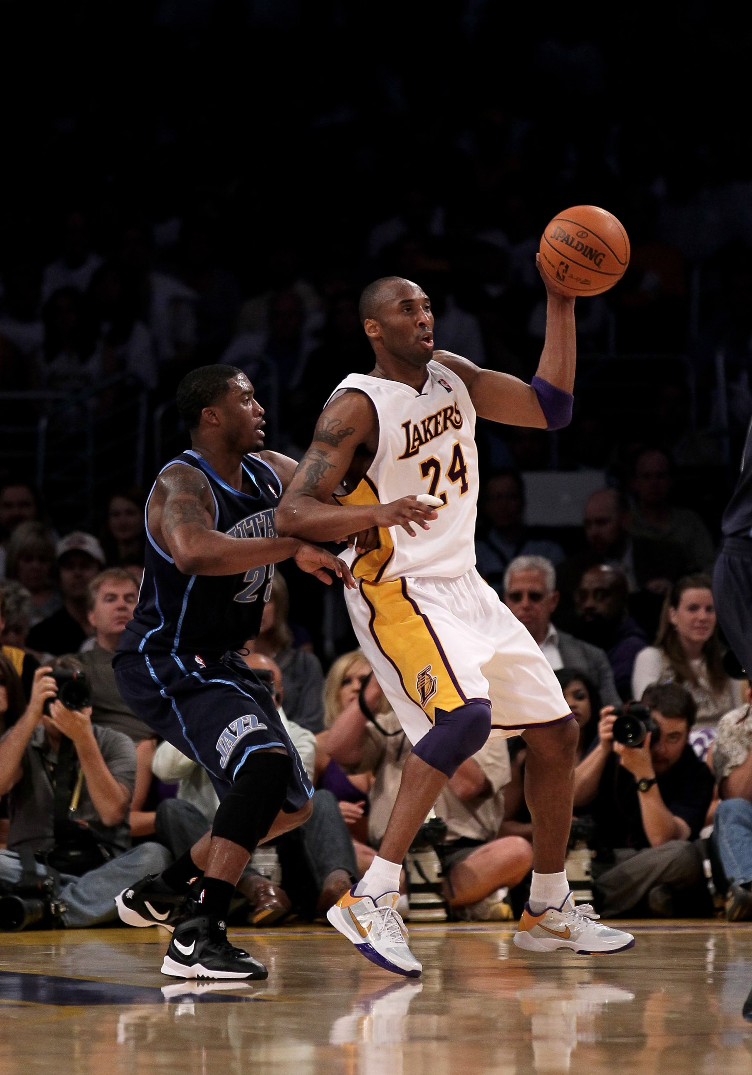 LOS ANGELES, CA - MAY 02:  Kobe Bryant #24 of the Los Angeles Lakers controls the ball against Wesley Matthews #23 of the Utah Jazz during Game One of the Western Conference Semifinals of the 2010 NBA Playoffs on May 2, 2010 at Staples Center in Los Angel