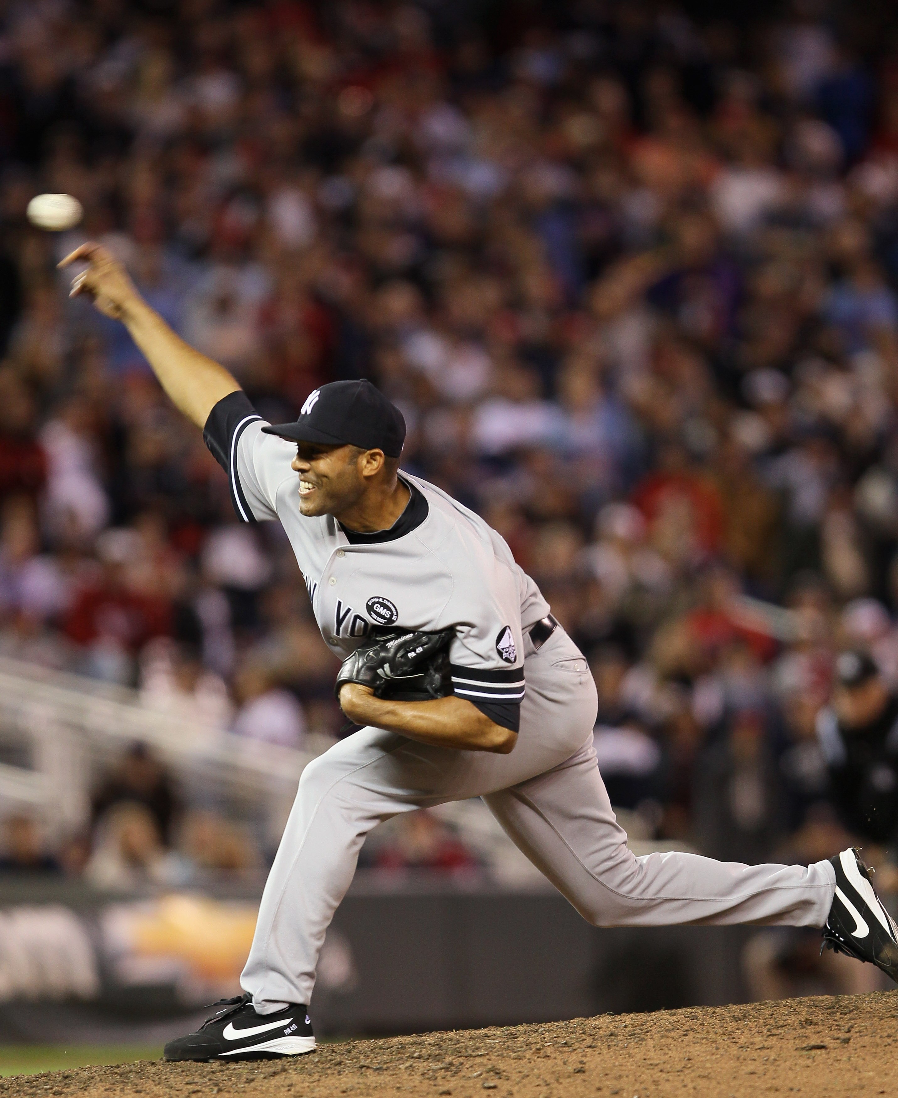 MINNEAPOLIS - OCTOBER 06:  Mariano Rivera #42 of the New York Yankees delivers a pitch in the ninth inning against the Minnesota Twins during game one of the ALDS on October 6, 2010 at Target Field in Minneapolis, Minnesota. The Yankees defeated the Twins