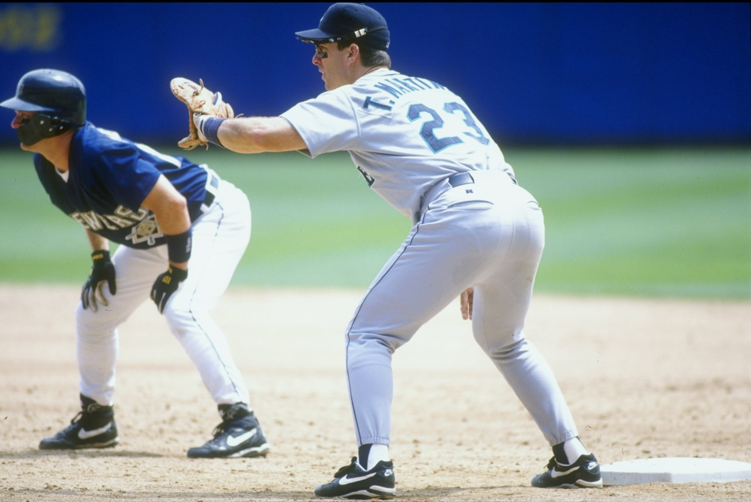 20 Jul 1995:  Tino Martinez of the Seattle Mariners covers his plate during their 4-2 win over the Milwaukee Brewers at Milwaukee County Stadium in Milwaukee, Wisconsin. Mandatory Credit: Jonathan Daniel  /Allsport
