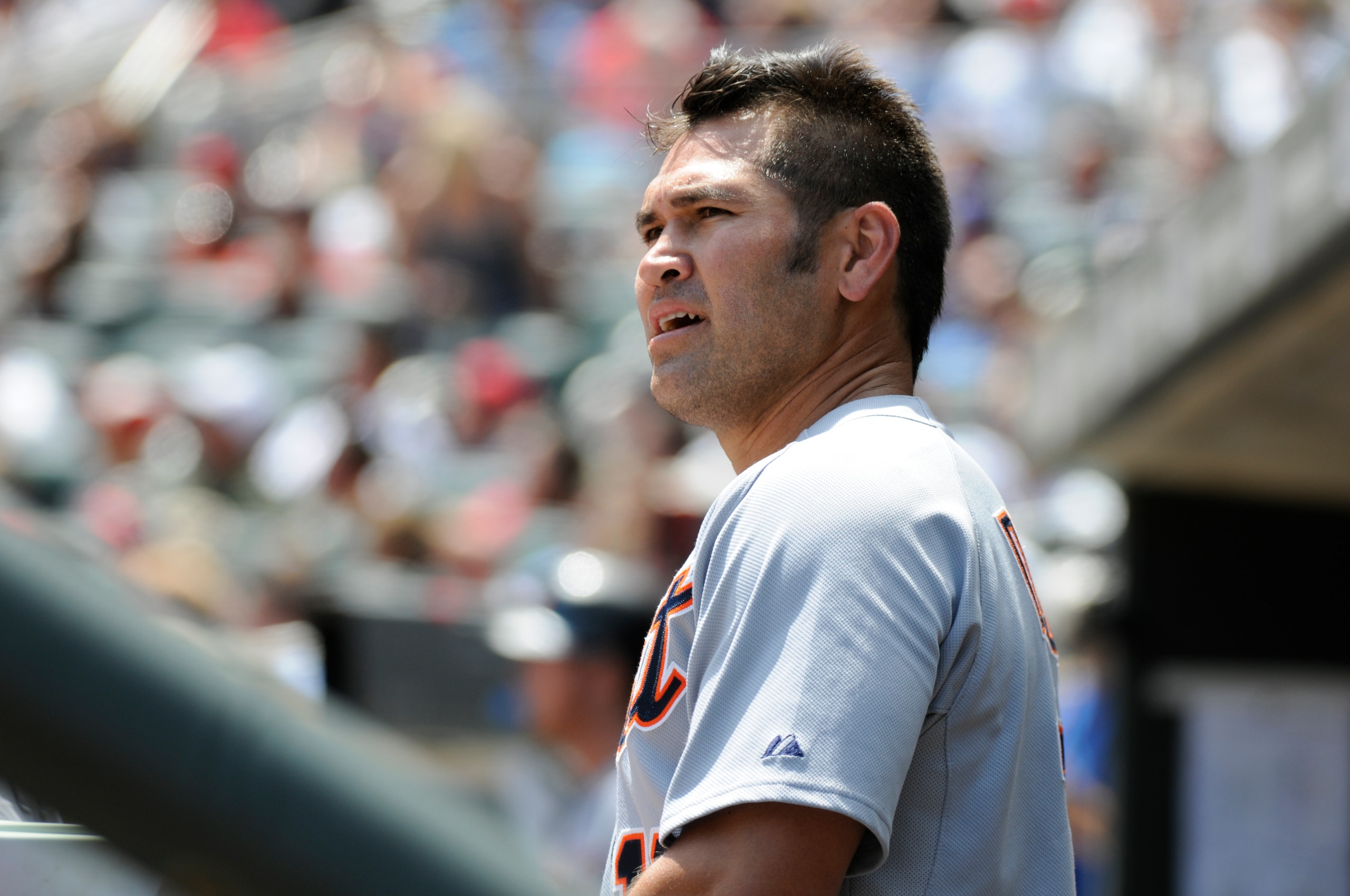 MINNEAPOLIS, MN - JUNE 30: Johnny Damon #18 of the Detroit Tigers looks on in the dugout in the sixth inning against the Minnesota Twins during their game on June 30, 2010 at Target Field in Minneapolis, Minnesota. Twins won 5-1. (Photo by Hannah Foslien