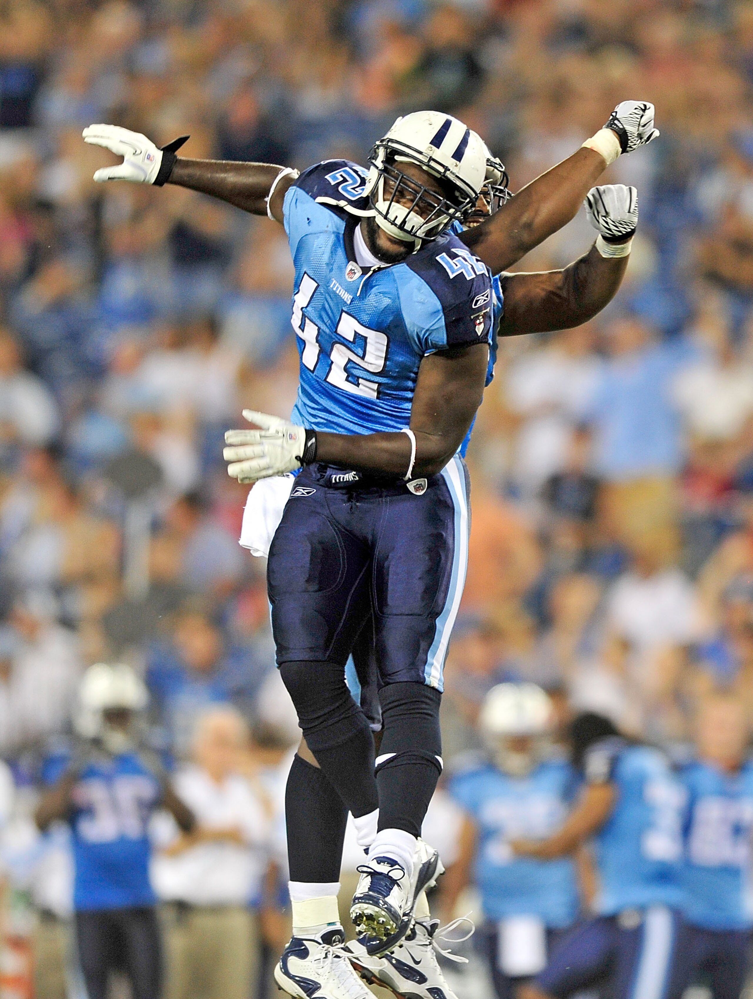 NASHVILLE, TN - SEPTEMBER 02:  LeGarrette Blount #42 of the Tennessee Titans celebrates with teammate Fernando Velasco #61 after scoring a touchdown against the New Orleans Saints during an exhibition game at LP Field on September 2, 2010 in Nashville, Te
