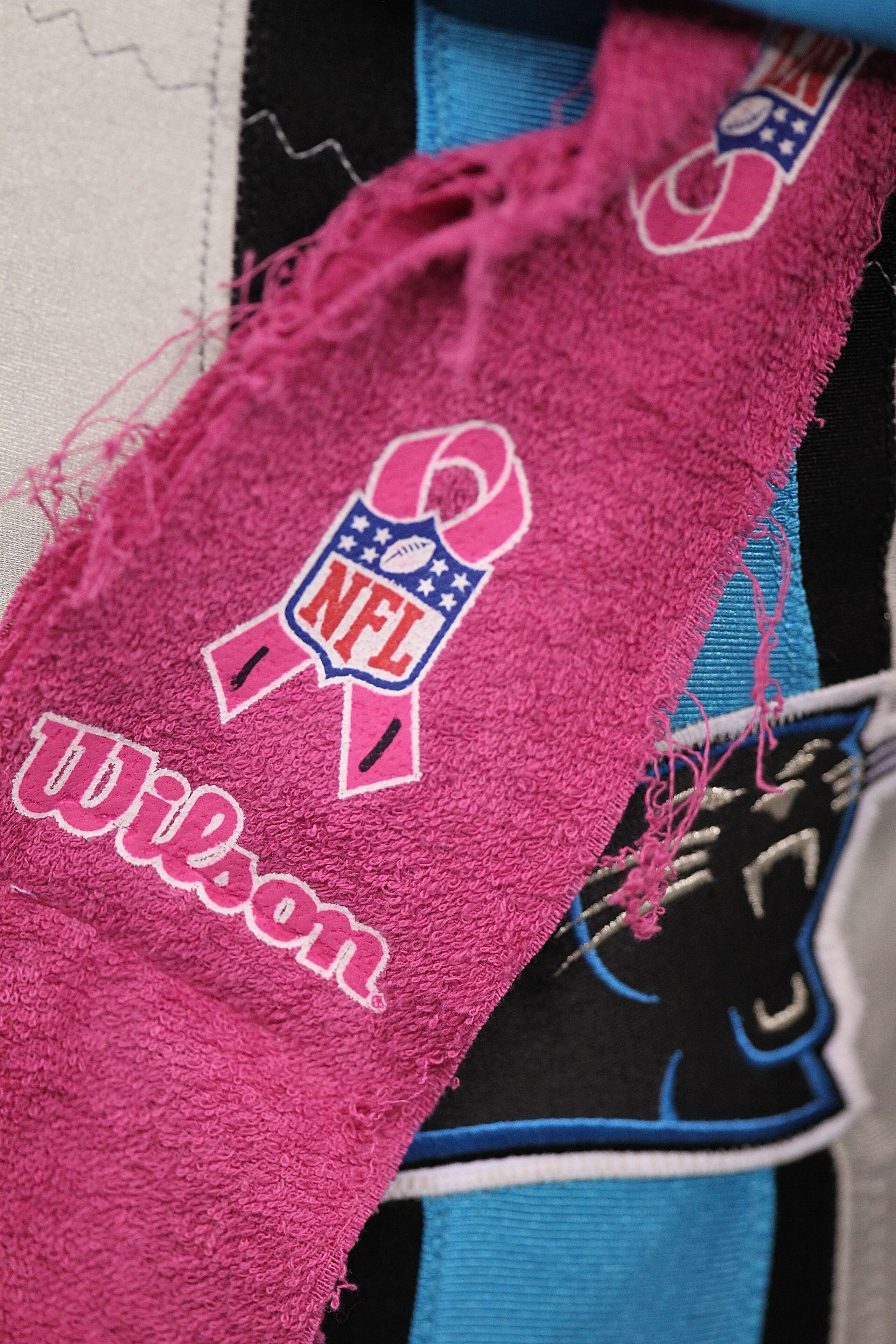 NEW ORLEANS - OCTOBER 03:  A pink towel with a NFL logo and pink ribbon in support of Breast Cancer Awareness Month at the Louisiana Superdome on October 3, 2010 in New Orleans, Louisiana.  (Photo by Ronald Martinez/Getty Images)