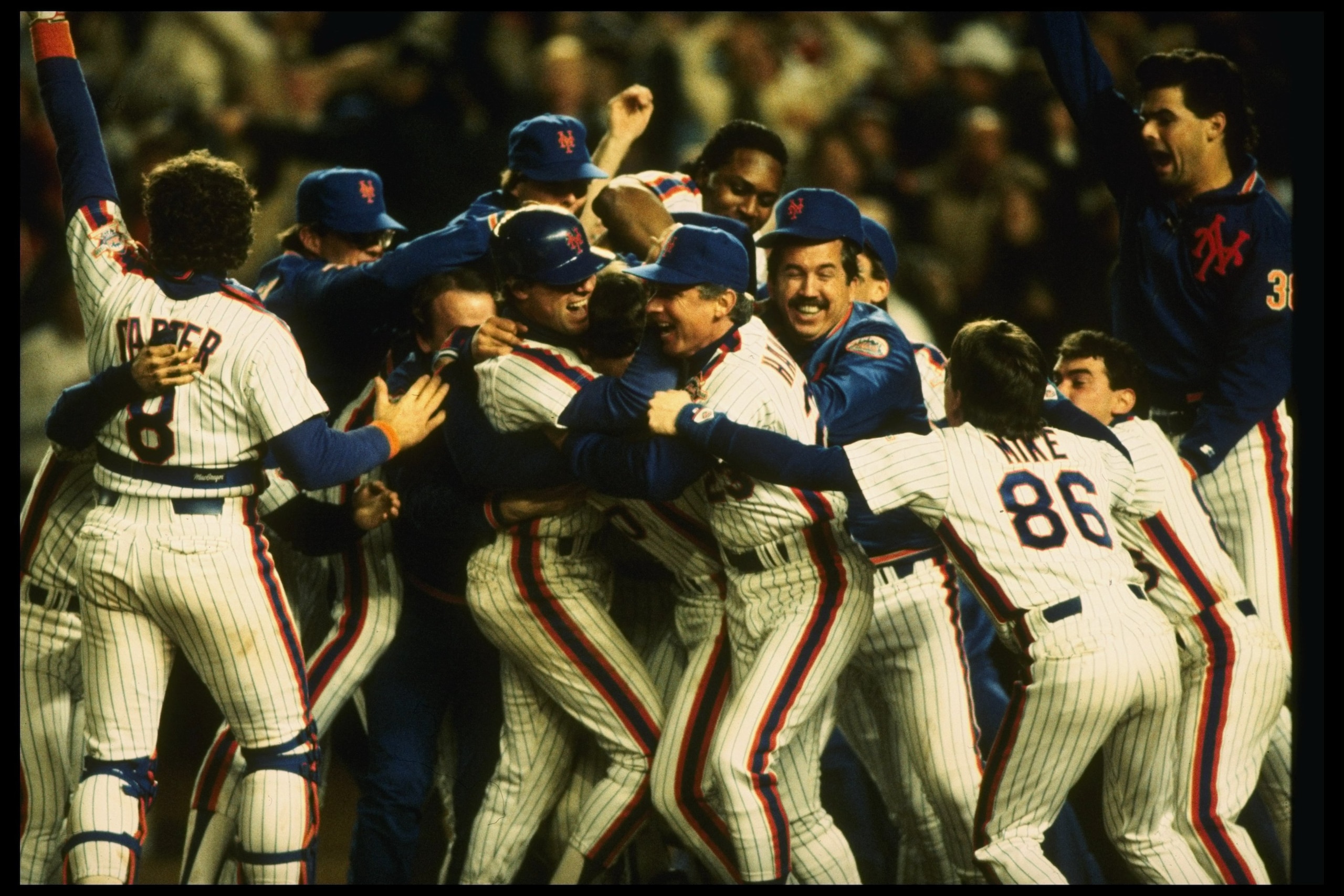 27 Oct 1986:  The New York Mets celebrate after an 8-5 win over the Boston Red Sox in game 7 of the World Series at Shea Stadium in Flushing, New York.  The Mets won the series 4 games to 3. Mandatory Credit: T. G. Higgins  /Allsport