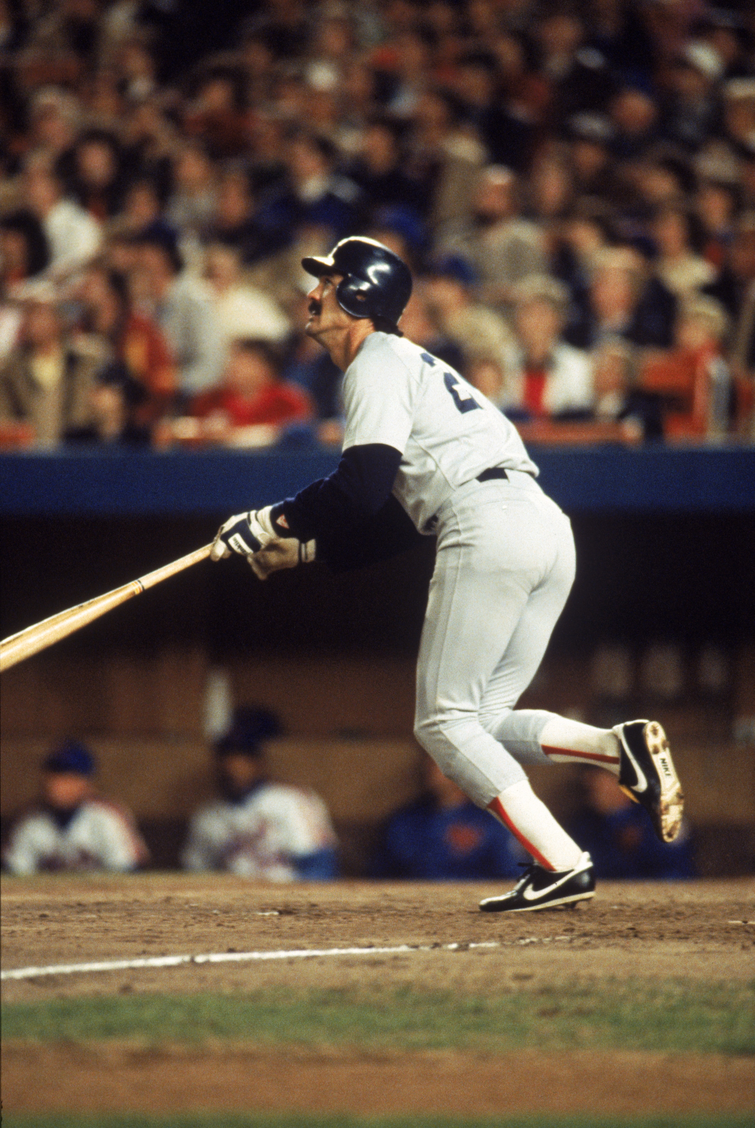 FLUSHING, NY - OCTOBER 25:  Dwight Evans #24 of the Boston Red Sox bats against the New York Mets during Game six of the 1986 World Series at Shea Stadium on October 25, 1986 in Flushing, New York. The Mets defeated the Red Sox 6-5 in ten innings. (Photo