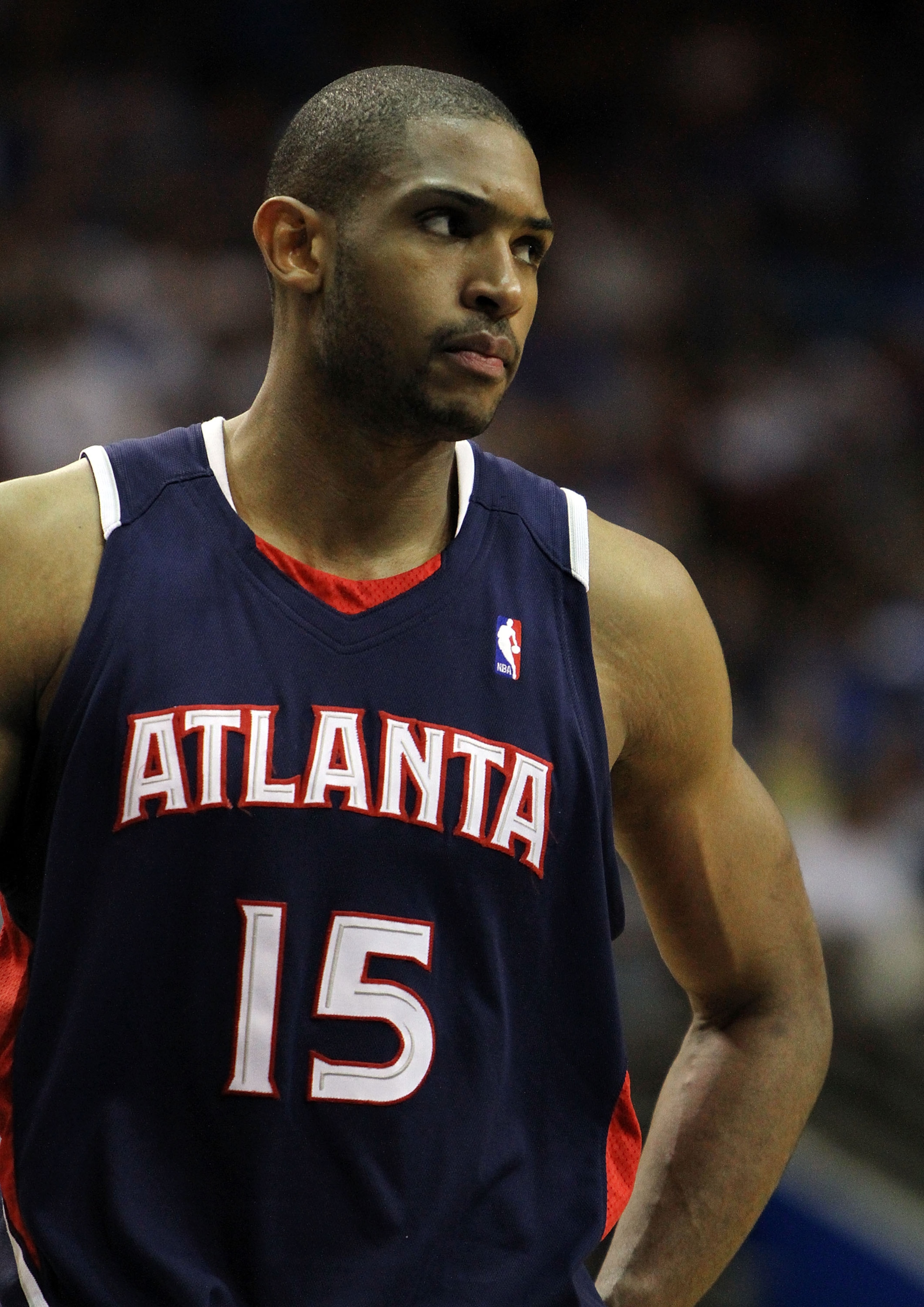 ORLANDO, FL - MAY 06:  Al Horford #15 of the Atlanta Hawks reacts after picking up his fifth personal foul in the fourth quarter against the Orlando Magic in Game Two of the Eastern Conference Semifinals during the 2010 NBA Playoffs at Amway Arena on May 