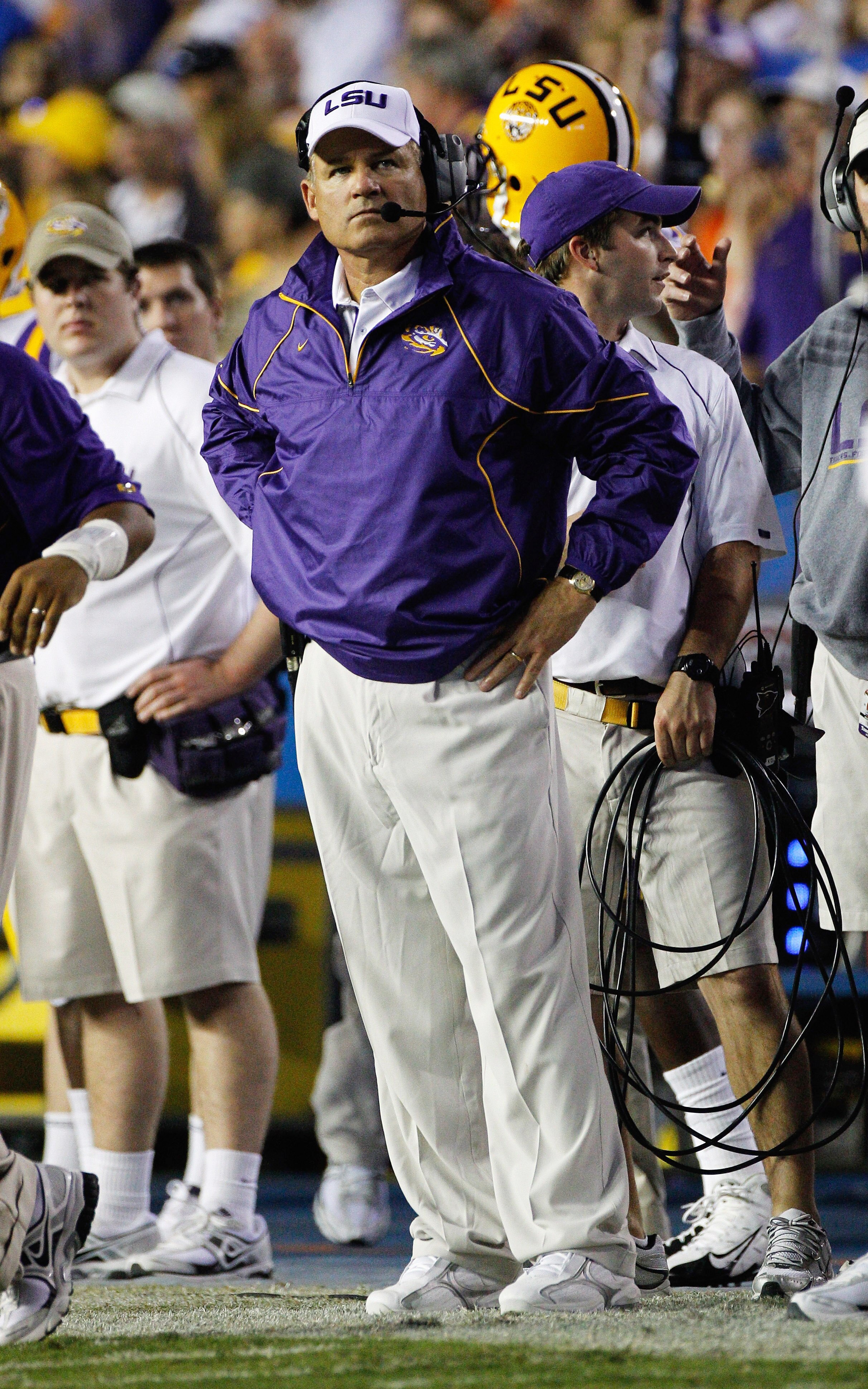 GAINESVILLE, FL - OCTOBER 09:  Head coach Les Miles of the Louisiana State University Tigers watches the action during the game against the Florida Gators at Ben Hill Griffin Stadium on October 9, 2010 in Gainesville, Florida.  (Photo by Sam Greenwood/Get