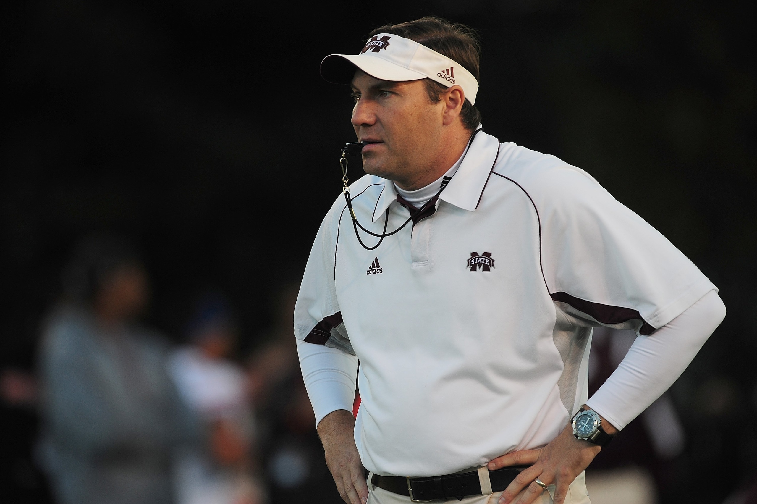 STARKVILLE, MS - OCTOBER 24:  Head coach Dan Mullen of the Mississippi State Bulldogs, during pre game warm up against the Florida Gators, at Davis Wade Stadium on  October 24, 2009 in Starkville, Mississippi  (Photo by Rick Dole/Getty Images)