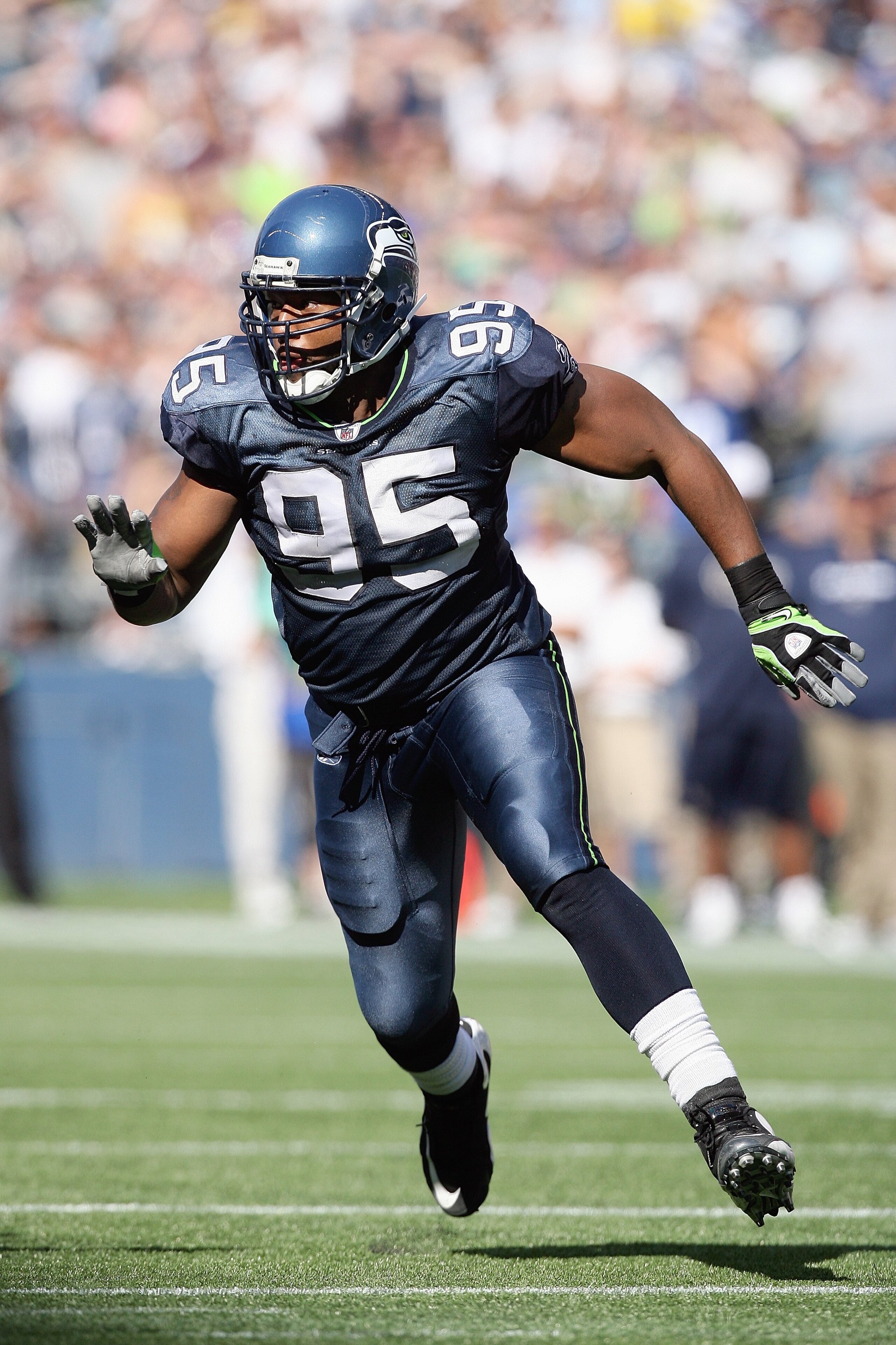 SEATTLE , WA - SEPTEMBER 13: Lawrence Jackson #95 of the Seattle Seahawks moves off the line during the game against the St. Louis Rams at Qwest Field on September 13, 2009 in Seattle, Washington. (Photo by Otto Greule Jr/Getty Images)
