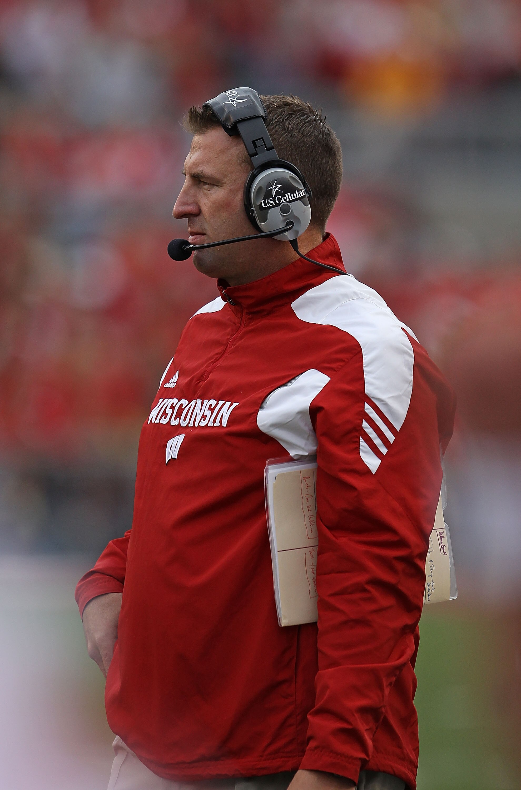 MADISON, WI - SEPTEMBER 18: Head coach Bret Bielema of the Wisconsin Badgers watches as his team takes on the Arizona State Sun Devils at Camp Randall Stadium on September 18, 2010 in Madison, Wisconsin. Wisconsin defeated Arizona State 20-19.  (Photo by 