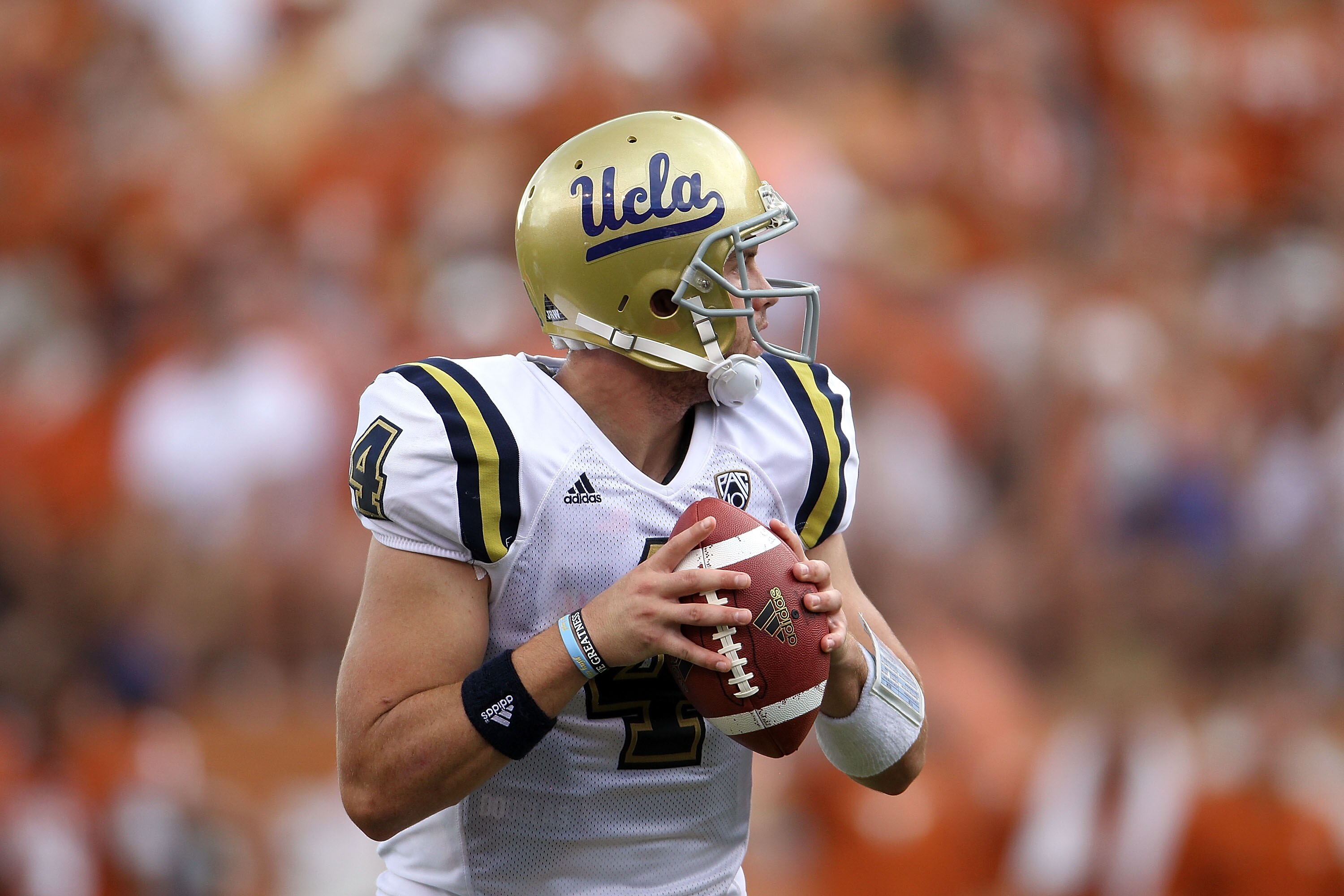 AUSTIN, TX - SEPTEMBER 25:  Quarterback Kevin Prince #4 of the UCLA Bruins at Darrell K Royal-Texas Memorial Stadium on September 25, 2010 in Austin, Texas.  (Photo by Ronald Martinez/Getty Images)