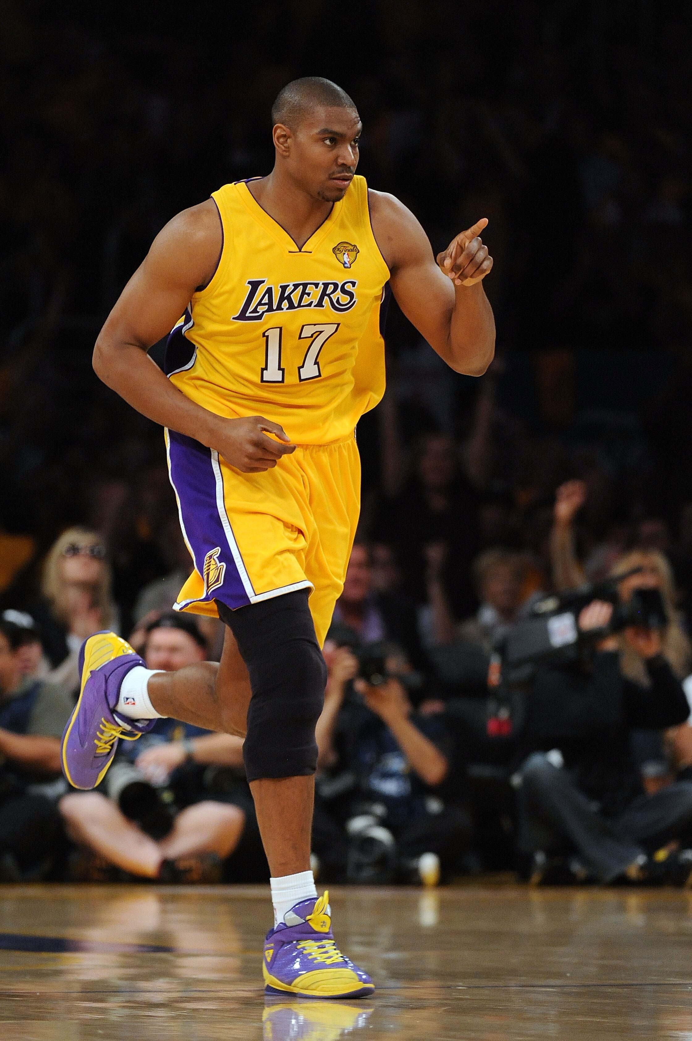LOS ANGELES, CA - JUNE 03:  Andrew Bynum #17 of the Los Angeles Lakers reacts in the first half against the Boston Celtics in Game One of the 2010 NBA Finals at Staples Center on June 3, 2010 in Los Angeles, California.  NOTE TO USER: User expressly ackno