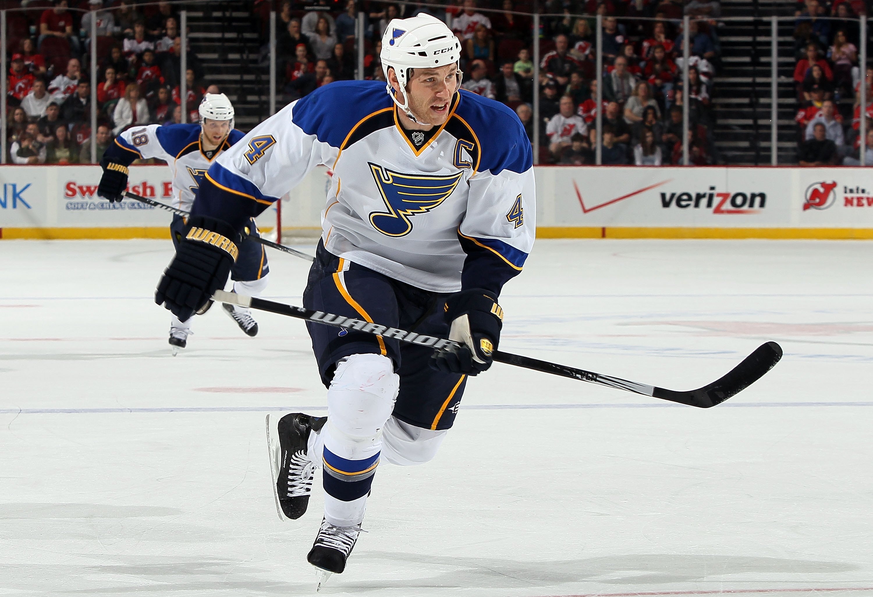 NEWARK, NJ - MARCH 20:  Eric Brewer #4 of the St. Louis Blues skates against the New Jersey Devils at the Prudential Center on March 20, 2010 in Newark, New Jersey. The Blues defeated the Devils 1-0.  (Photo by Jim McIsaac/Getty Images)