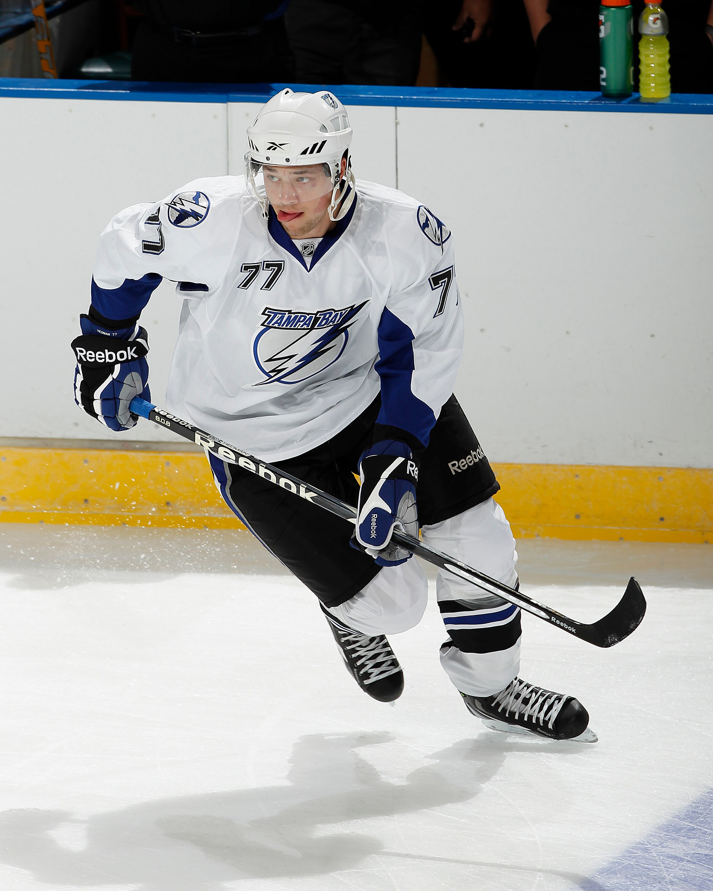SUNRISE, FL - OCTOBER 1: Victor Hedman #77 of the Tampa Bay Lightning skates prior to the pre season game against the Florida Panthers on October 1, 2010 at the BankAtlantic Center in Sunrise, Florida. The Lightning defeated the Panthers 2-1 in overtime.
