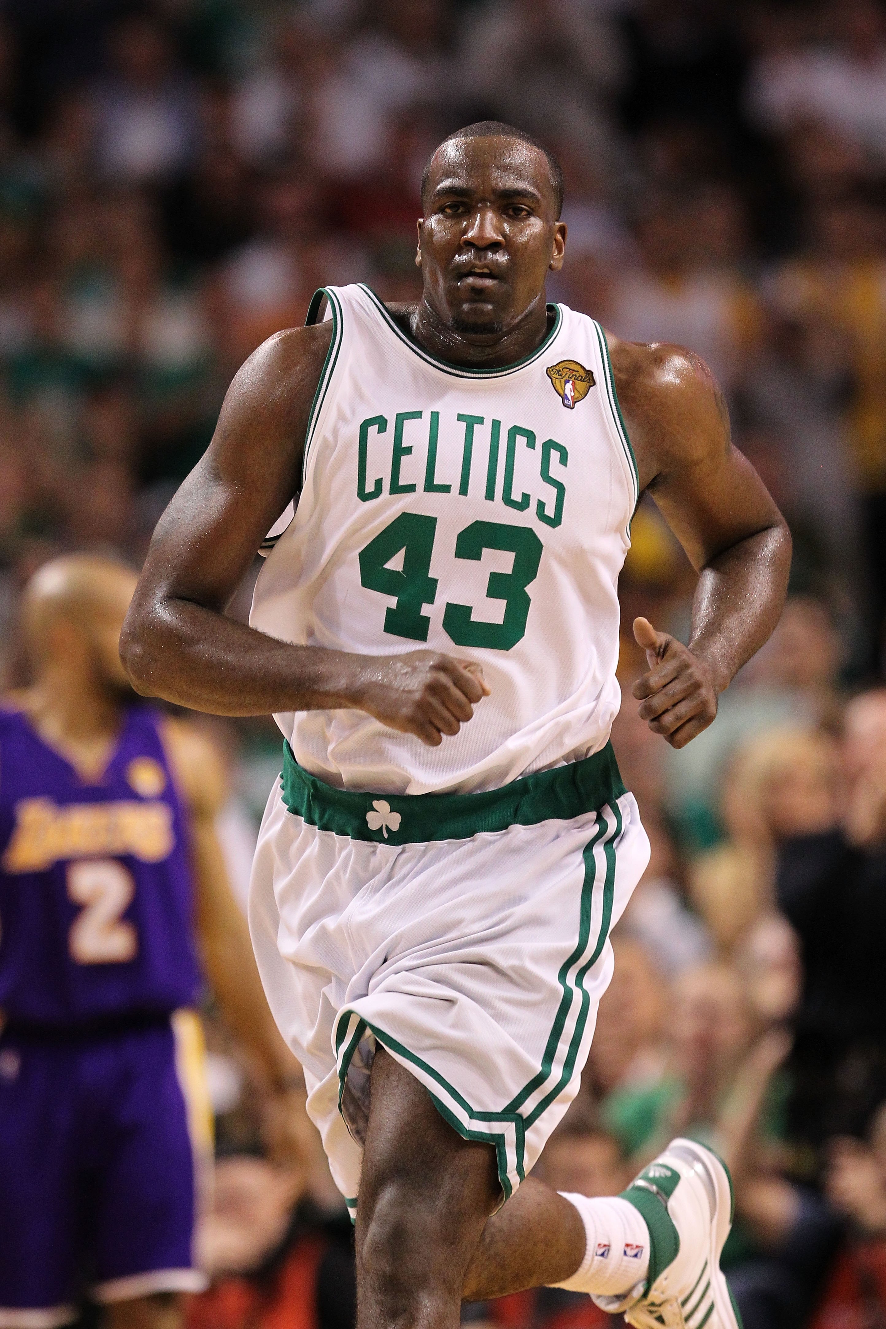 BOSTON - JUNE 10:  Kendrick Perkins #43 of the Boston Celtics looks on against the Los Angeles Lakers during Game Four of the 2010 NBA Finals on June 10, 2010 at TD Garden in Boston, Massachusetts. The Celtics won 96-89. NOTE TO USER: User expressly ackno