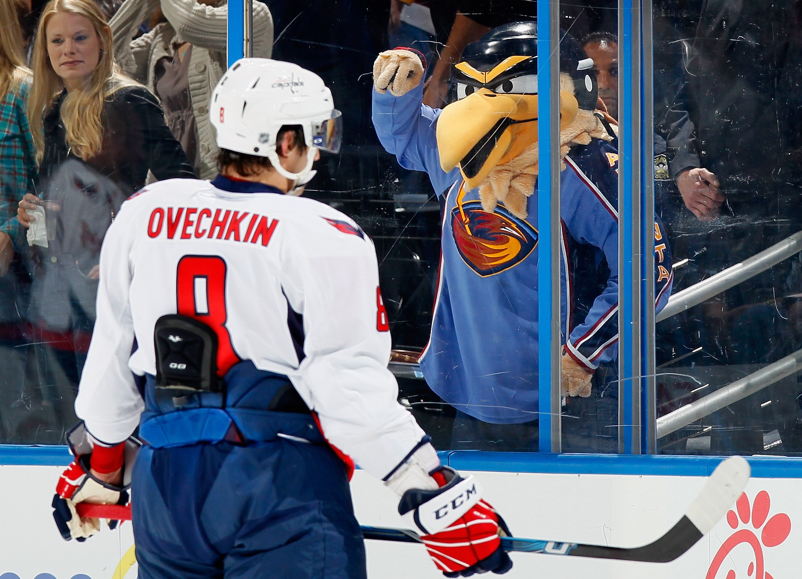 ATLANTA - OCTOBER 08:  Thrash, mascot of the Atlanta Thrashers, heckles Alex Ovechkin #8 of the Washington Capitals at Philips Arena on October 8, 2010 in Atlanta, Georgia.  (Photo by Kevin C. Cox/Getty Images)