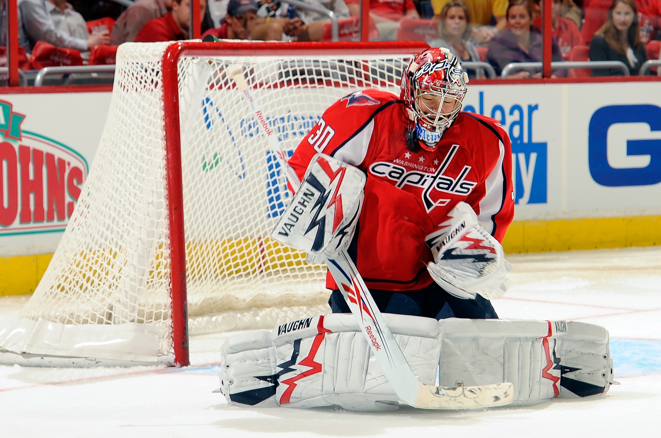 WASHINGTON - SEPTEMBER 28:  Michal Neuvirth #30 of the Washington Capitals makes a save against the Boston Bruins at Verizon Center on September 28, 2010 in Washington, DC.  (Photo by Greg Fiume/Getty Images)