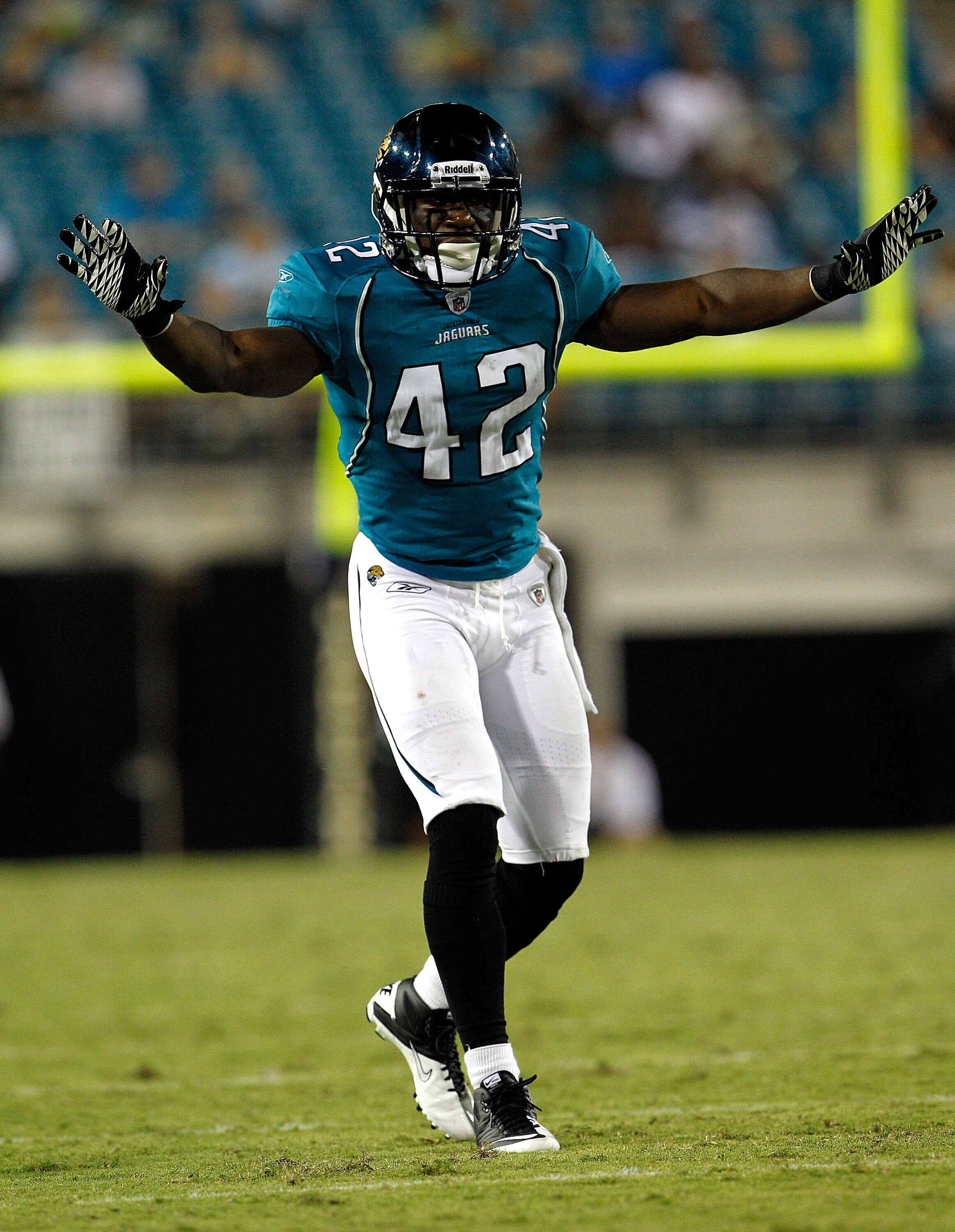 JACKSONVILLE, FL - SEPTEMBER 02:  Gerald Alexander #42 of the Jacksonville Jaguars reacts after breaking up a pass during a preseason game against the Atlanta Falcons at EverBank Field on September 2, 2010 in Jacksonville, Florida.  (Photo by Sam Greenwoo