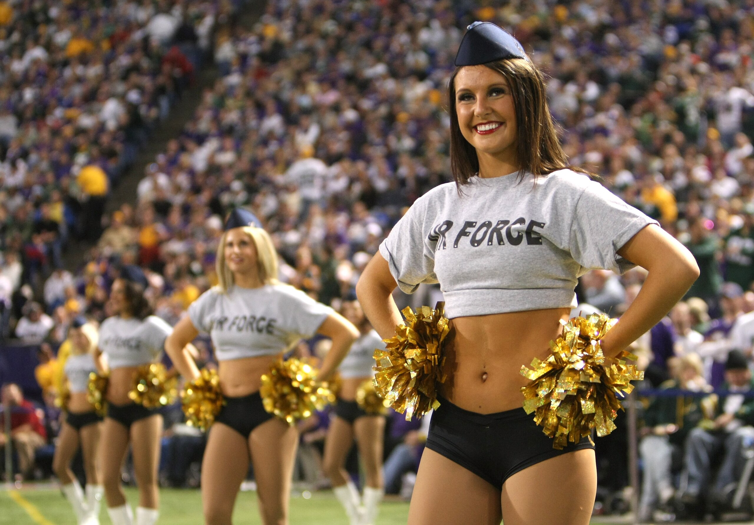 MINNEAPOLIS - NOVEMBER 09:   Minnesota Vikings cheerleaders wear Air Force outfits as part of an Armed Forces appreciation day at the game with the Green Bay Packers on November 9, 2008 at the Metrodome in Mineapolis, Minnesota.  (Photo by Stephen Dunn/Ge