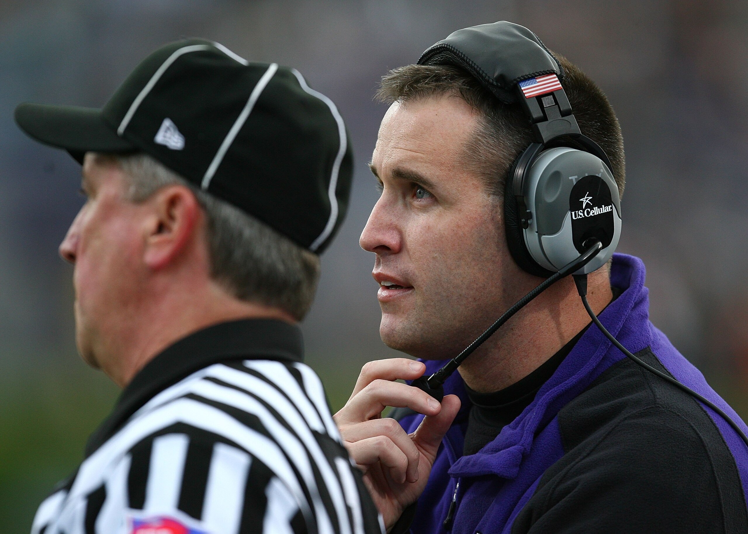 EVANSTON, IL - OCTOBER 31: Head coach Pat Fitzgerald of the Northwestern Wildcats talks to a referee as his team takes on the Penn State Nittany Lions at Ryan Field on October 31, 2009 in Evanston, Illinois. Penn State defeated Northwestern 34-13. (Photo EVANSTON, IL - OCTOBER 31: Head coach Pat Fitzgerald of the Northwestern Wildcats talks to a referee as his team takes on the Penn State Nittany Lions at Ryan Field on October 31, 2009 in Evanston, Illinois. Penn State defeated Northwestern 34-13. (Photo
