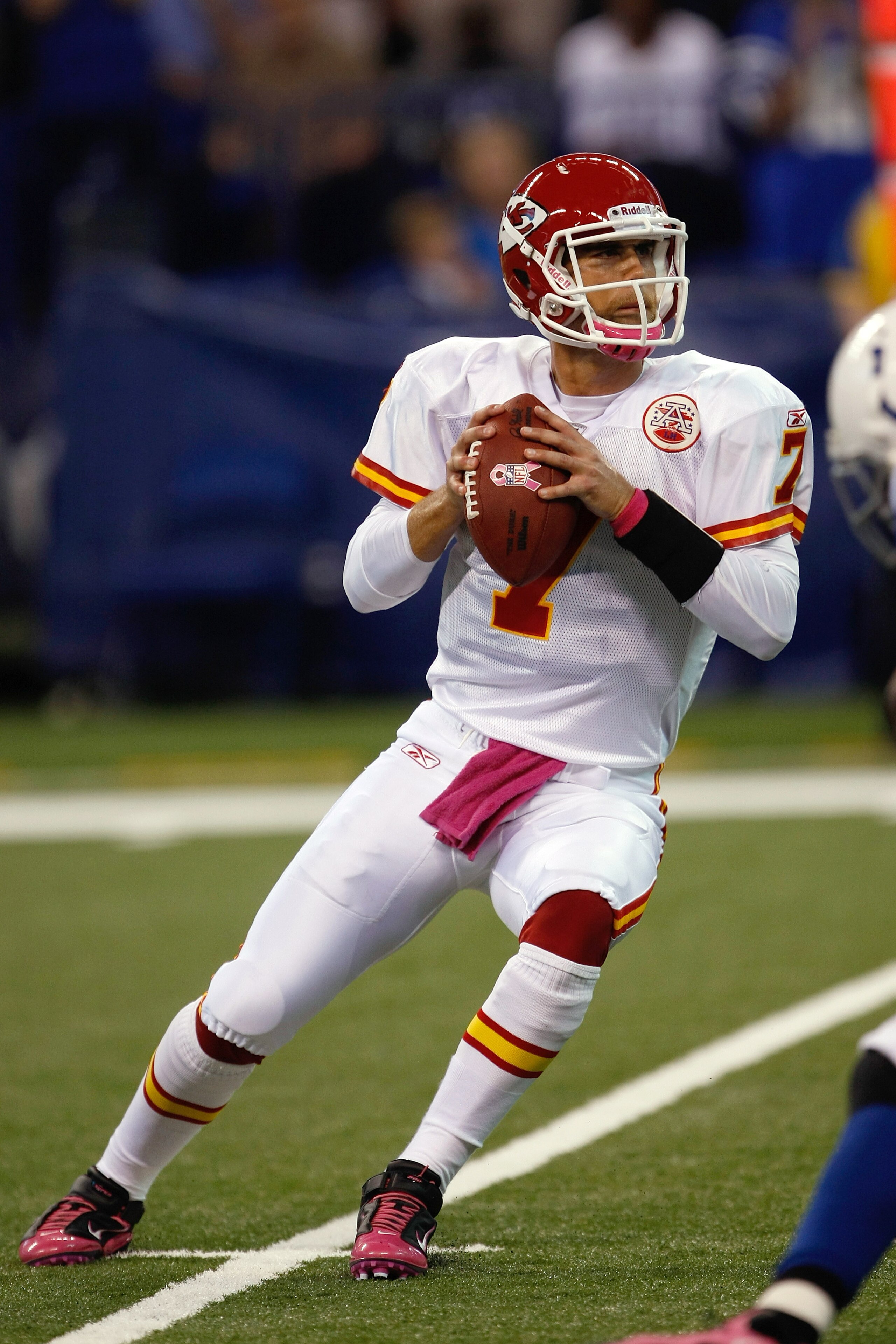 INDIANAPOLIS, IN - OCTOBER 10: Matt Cassel #7 of the Kansas City Chiefs drops back to pass against the Indianapolis Colts at Lucas Oil Stadium on October 10, 2010 in Indianapolis, Indiana.  (Photo by Scott Boehm/Getty Images)