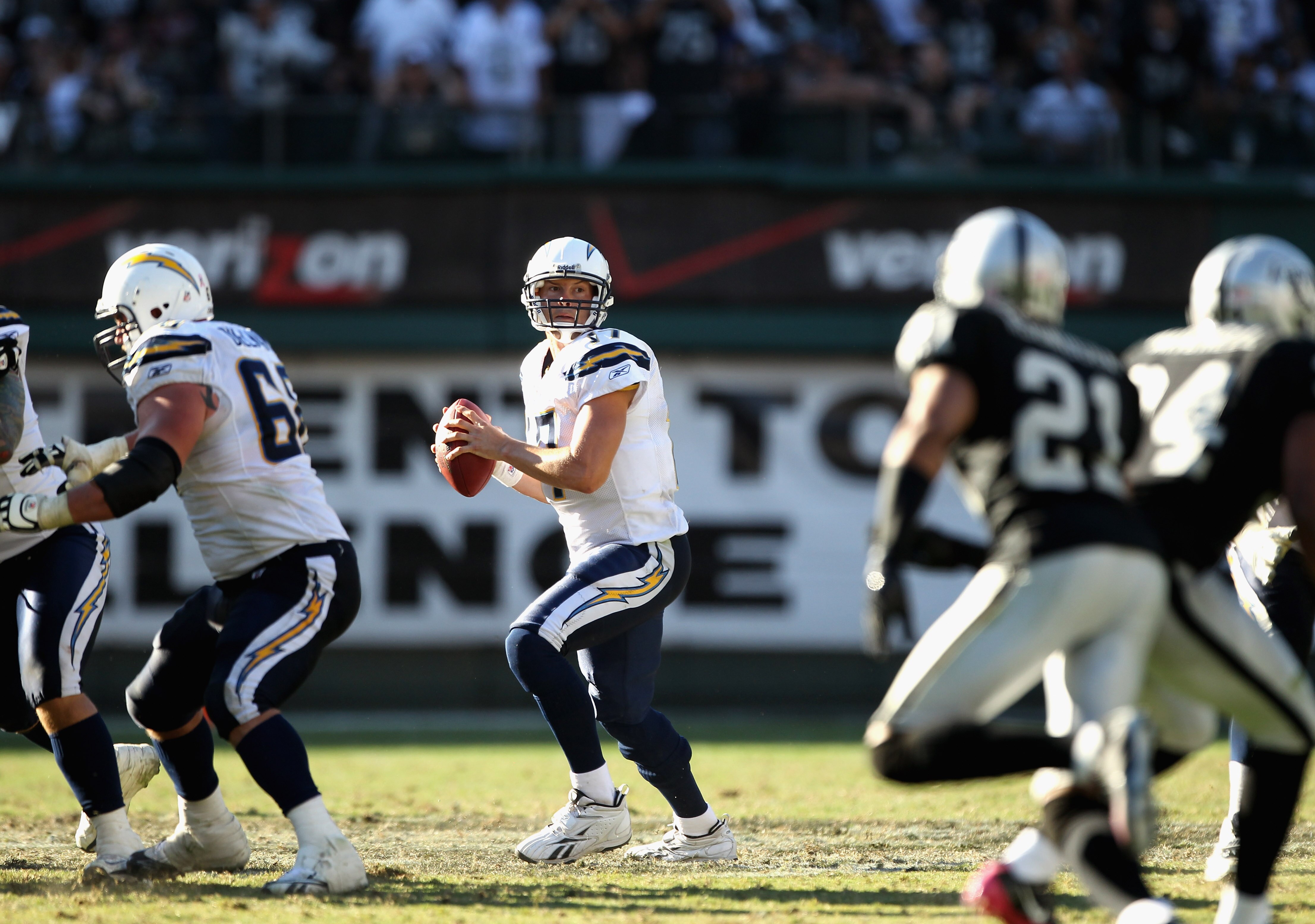 OAKLAND, CA - OCTOBER 10: Philip Rivers #17 of the San Diego Chargers drops back to pass against the Oakland Raiders at Oakland-Alameda County Coliseum on October 10, 2010 in Oakland, California. (Photo by Ezra Shaw/Getty Images) OAKLAND, CA - OCTOBER 10: Philip Rivers #17 of the San Diego Chargers drops back to pass against the Oakland Raiders at Oakland-Alameda County Coliseum on October 10, 2010 in Oakland, California. (Photo by Ezra Shaw/Getty Images)