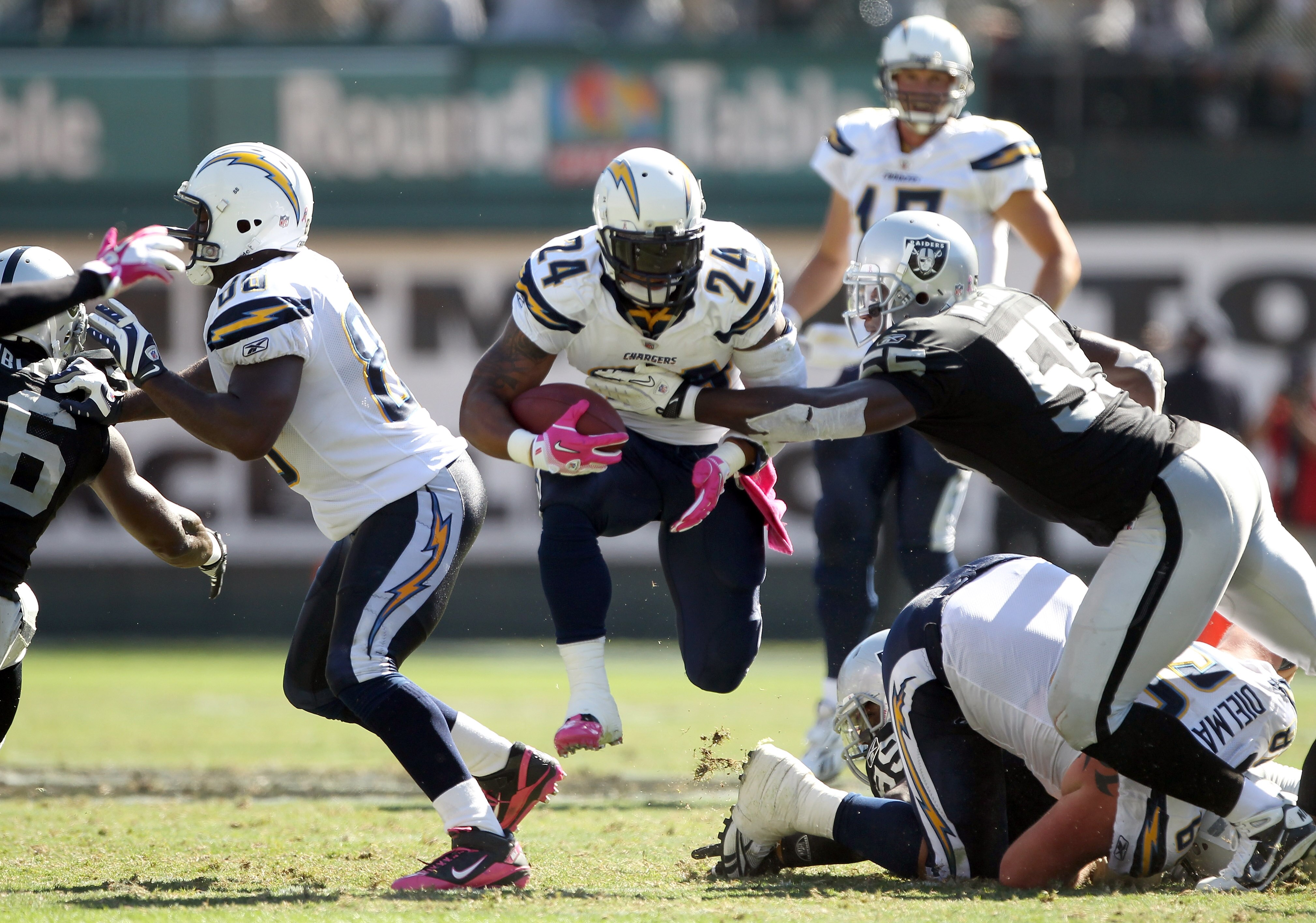 OAKLAND, CA - OCTOBER 10: Ryan Mathews #24 of the San Diego Chargers runs with the ball against the Oakland Raiders at Oakland-Alameda County Coliseum on October 10, 2010 in Oakland, California. (Photo by Ezra Shaw/Getty Images) OAKLAND, CA - OCTOBER 10: Ryan Mathews #24 of the San Diego Chargers runs with the ball against the Oakland Raiders at Oakland-Alameda County Coliseum on October 10, 2010 in Oakland, California. (Photo by Ezra Shaw/Getty Images)