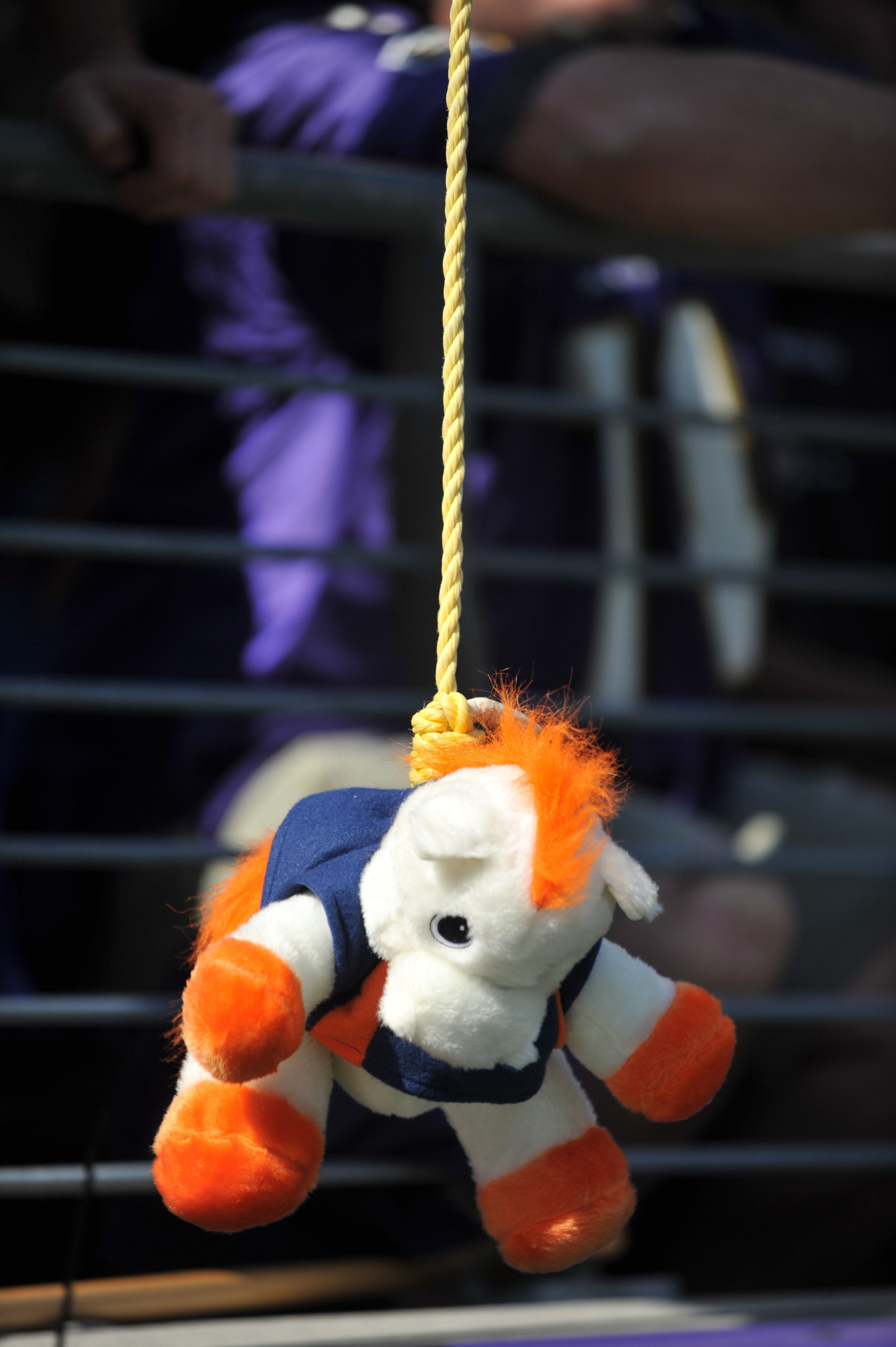 BALTIMORE, MD - OCTOBER 10:  A fan of the Baltimore Ravens hangs a Bronco doll during the game against the Denver Broncos at M&T Bank Stadium on October 10, 2010 in Baltimore, Maryland. Players wore pink in recognition of Breast Cancer Awareness Month. Th
