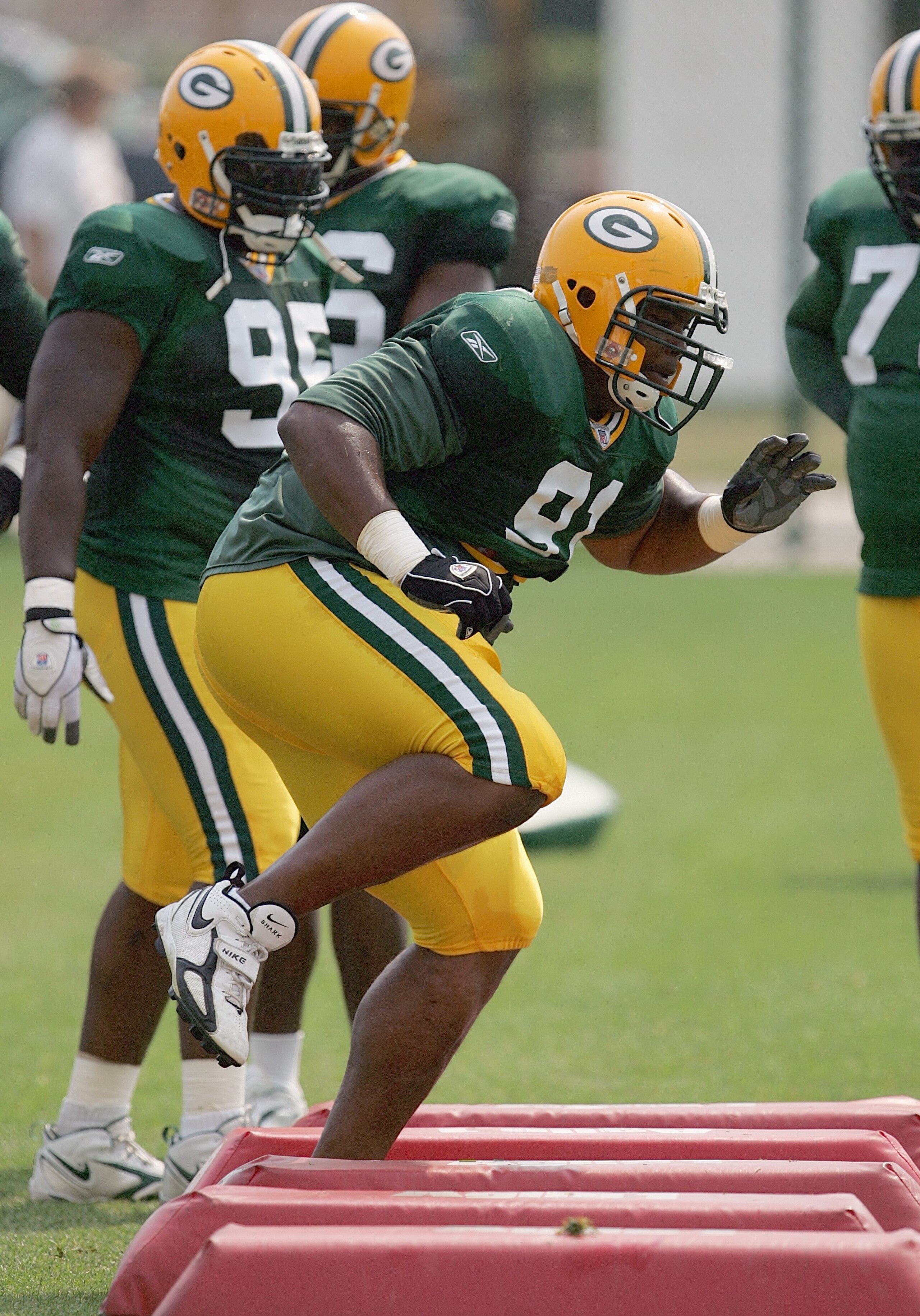 GREEN BAY, WI - AUGUST 6:  Justin Harrell #91 of the Green Bay Packers works out during summer training camp on August 6, 2007 at the Hutson Center in Green Bay, Wisconsin. (Photo by Jonathan Daniel/Getty Images)