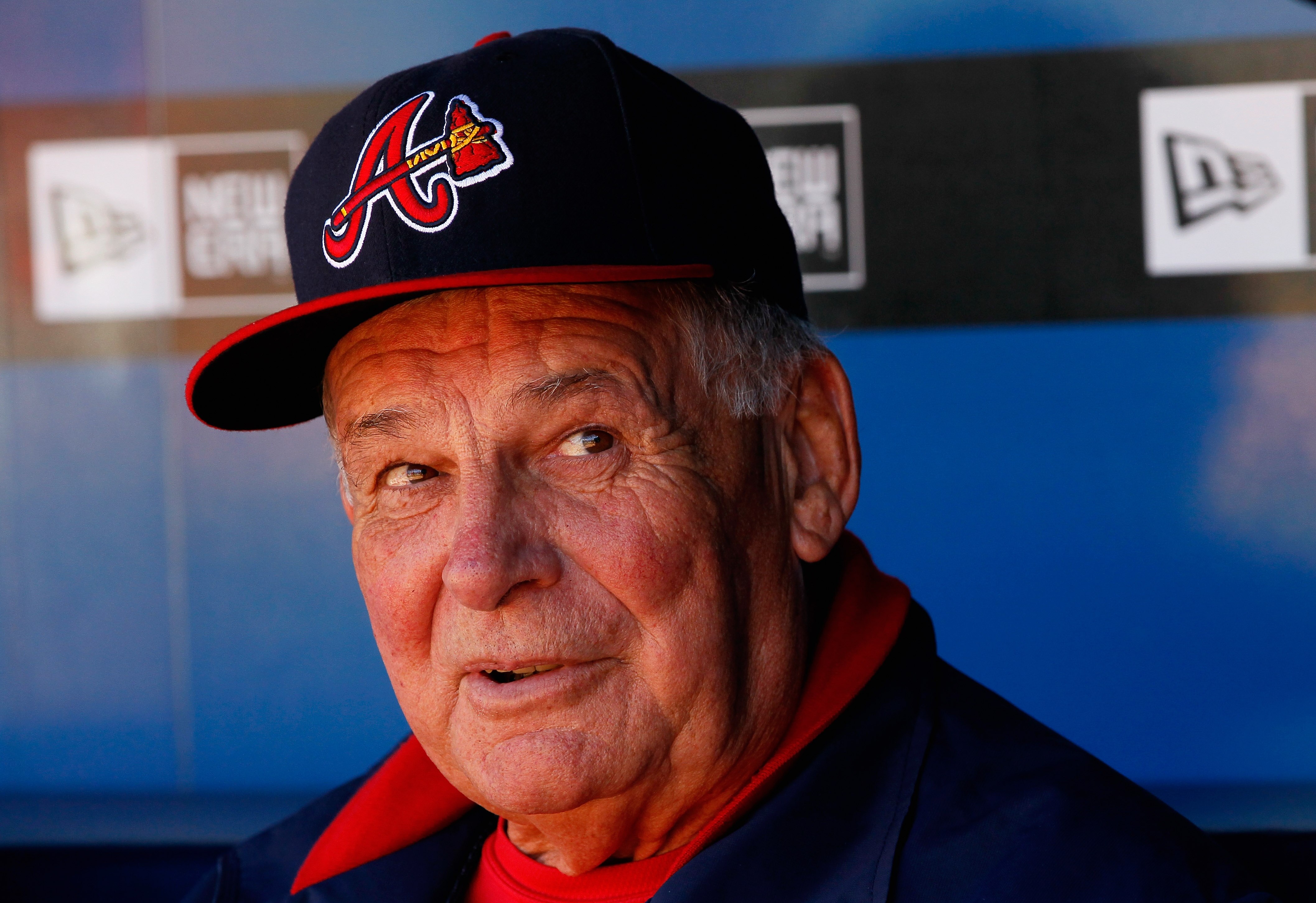 ATLANTA - OCTOBER 10:  Manager Bobby Cox #6 of the Atlanta Braves sits in the dugout during batting practice before facing the San Francisco Giants during Game Three of the NLDS of the 2010 MLB Playoffs at Turner Field on October 10, 2010 in Atlanta, Geor