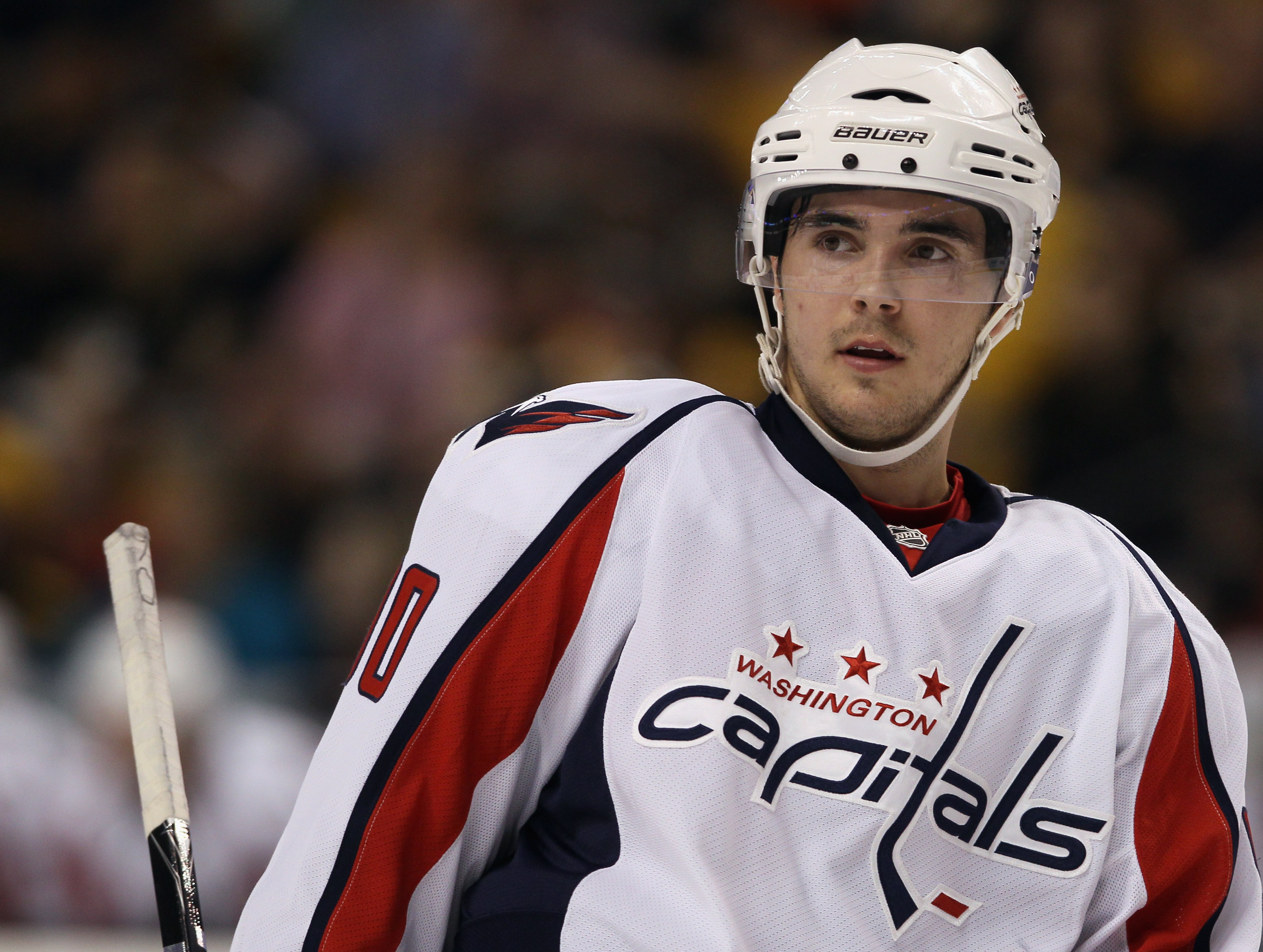 BOSTON - SEPTEMBER 29:  Marcus Johansson #90 of the Washington Capitals looks on during a stop in play in the first period against the Boston Bruins on September 29, 2010 at the TD Garden in Boston, Massachusetts.  (Photo by Elsa/Getty Images)