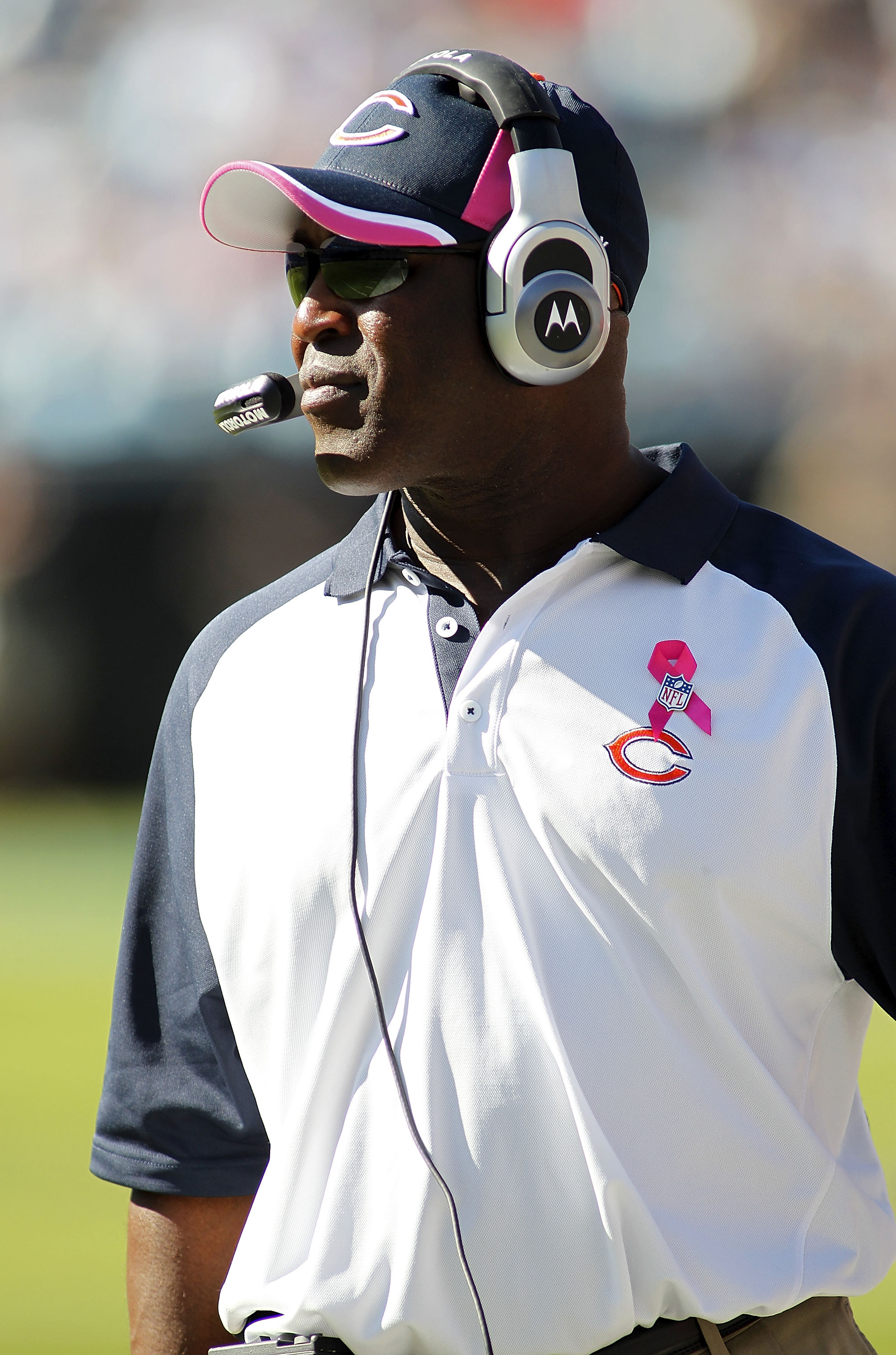 CHARLOTTE, NC - OCTOBER 10: Head coach Lovie Smith of the Chicago Bears watches from the sidelines against the Carolina Panthers at Bank of America Stadium on October 10, 2010 in Charlotte, North Carolina. (Photo by Geoff Burke/Getty Images)